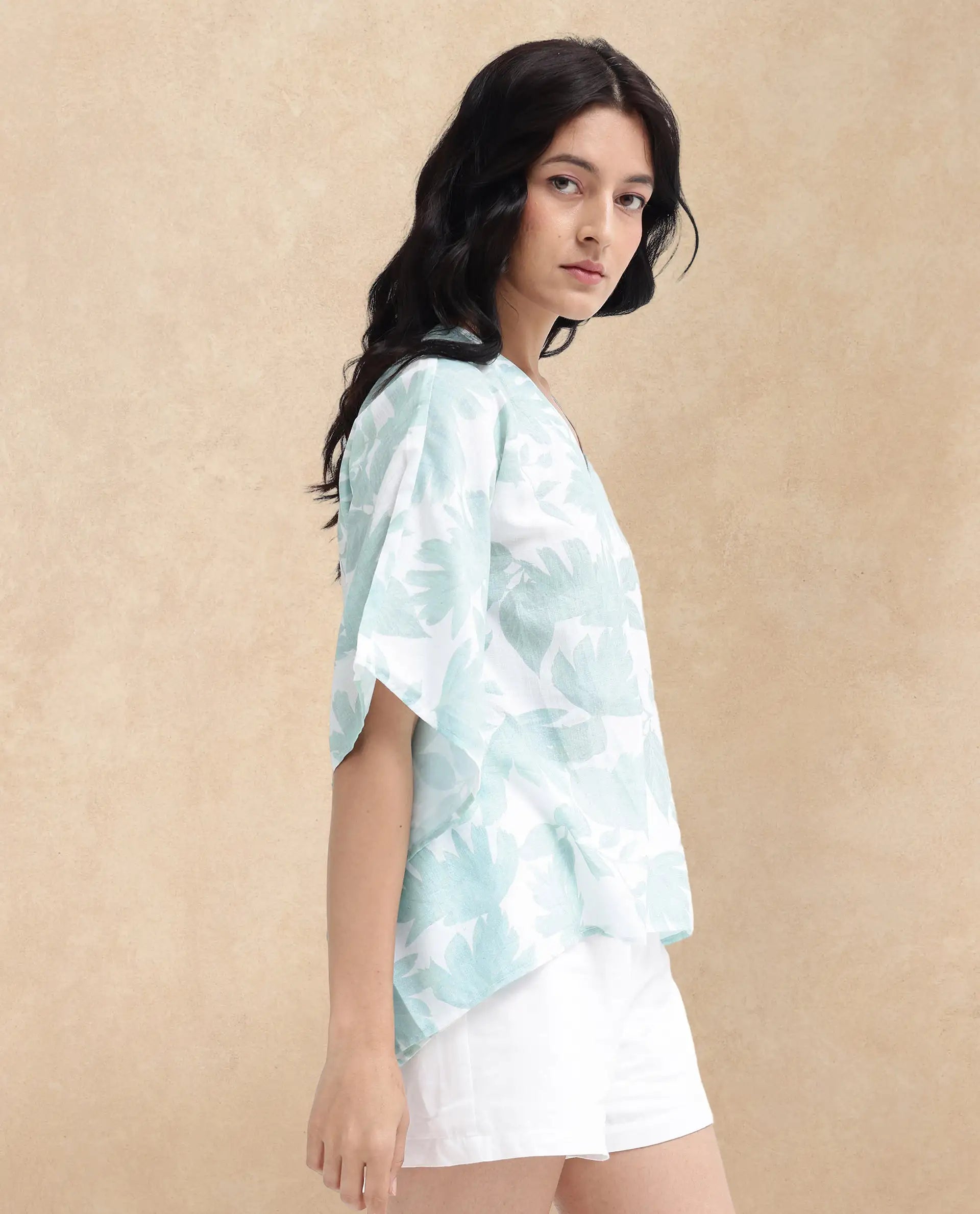 Rareism Women Ibac Light Green Linen Fabric Short Sleeve V-Neck Leaf Print Regular Fit Top