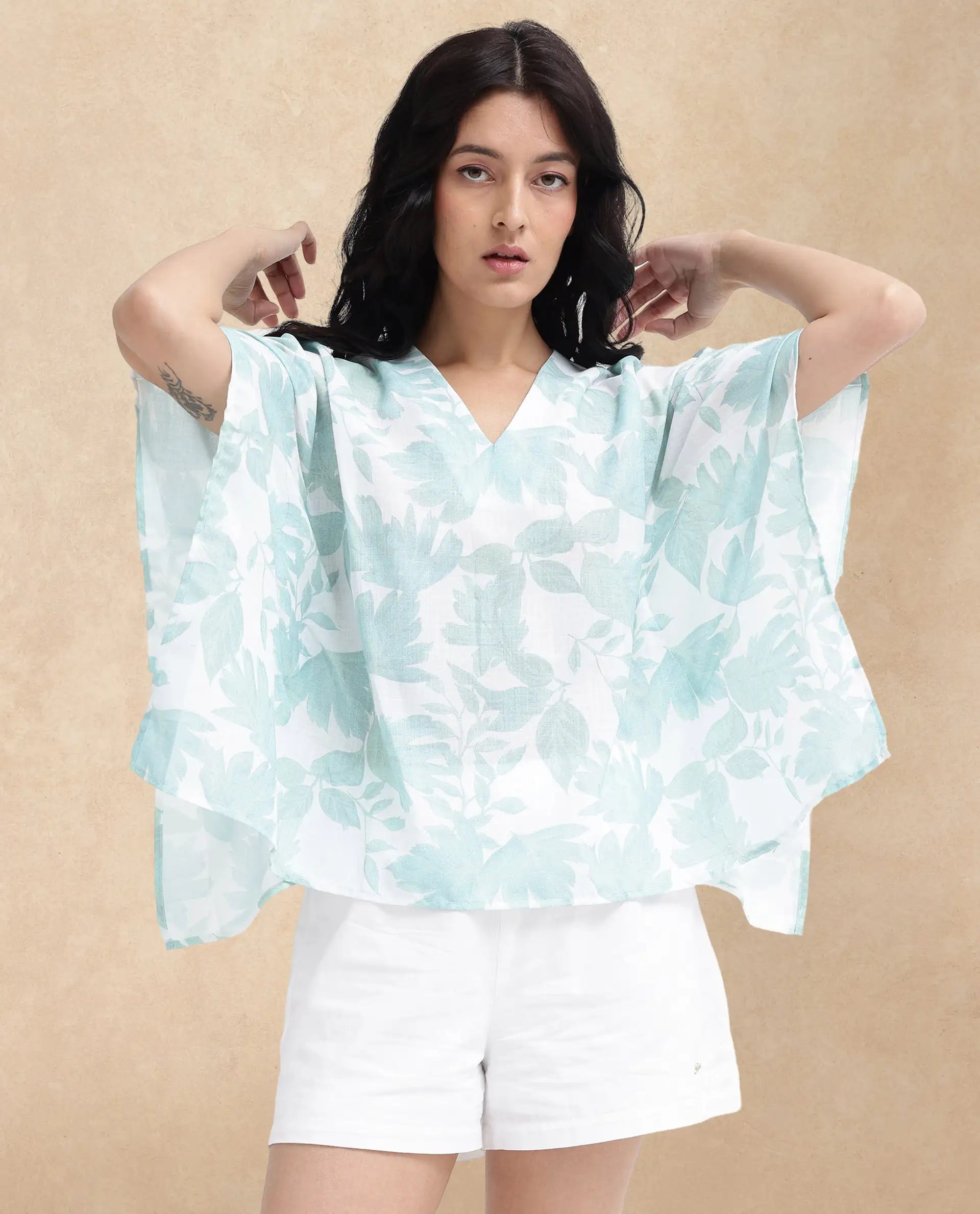 Rareism Women Ibac Light Green Linen Fabric Short Sleeve V-Neck Leaf Print Regular Fit Top