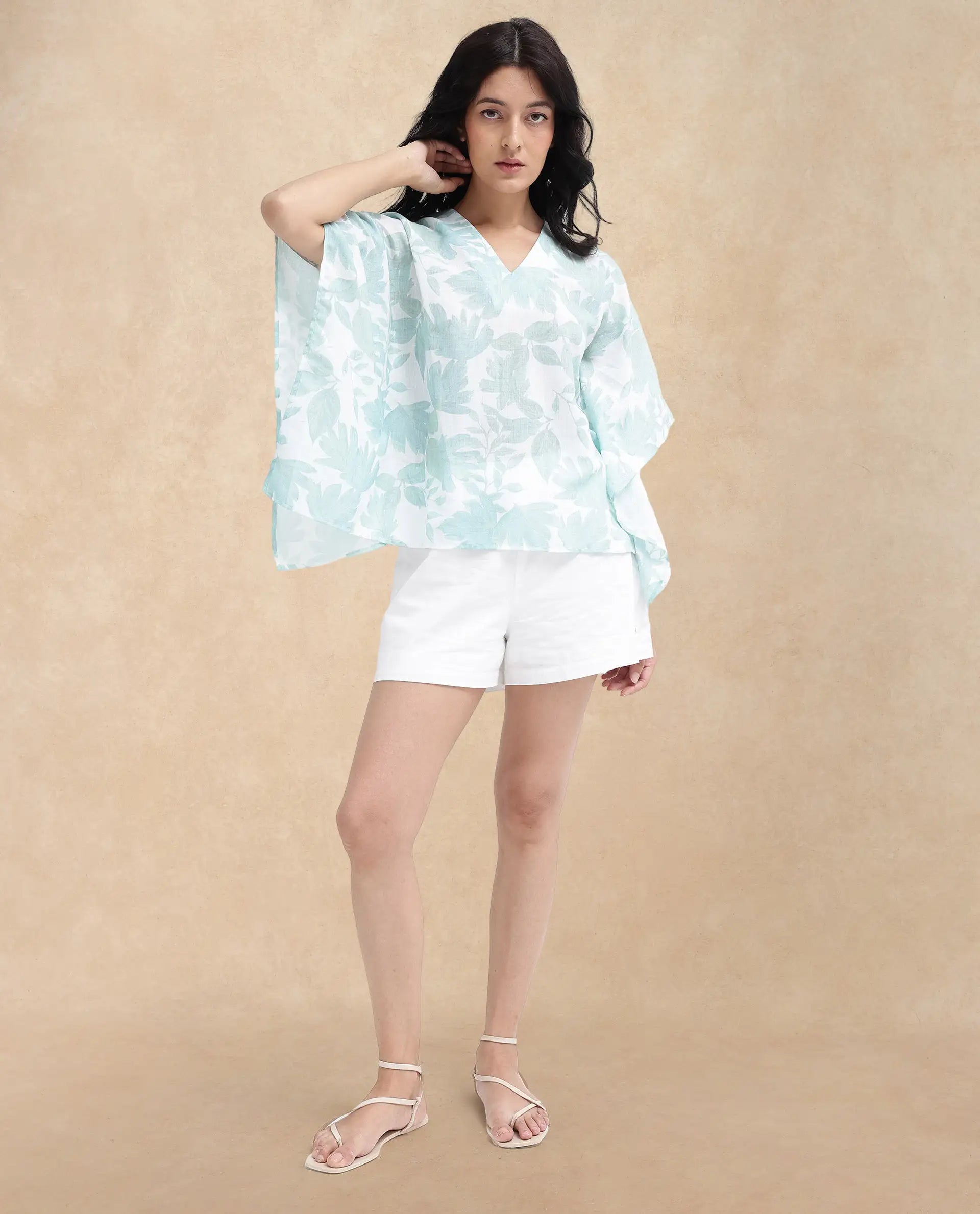 Rareism Women Ibac Light Green Linen Fabric Short Sleeve V-Neck Leaf Print Regular Fit Top