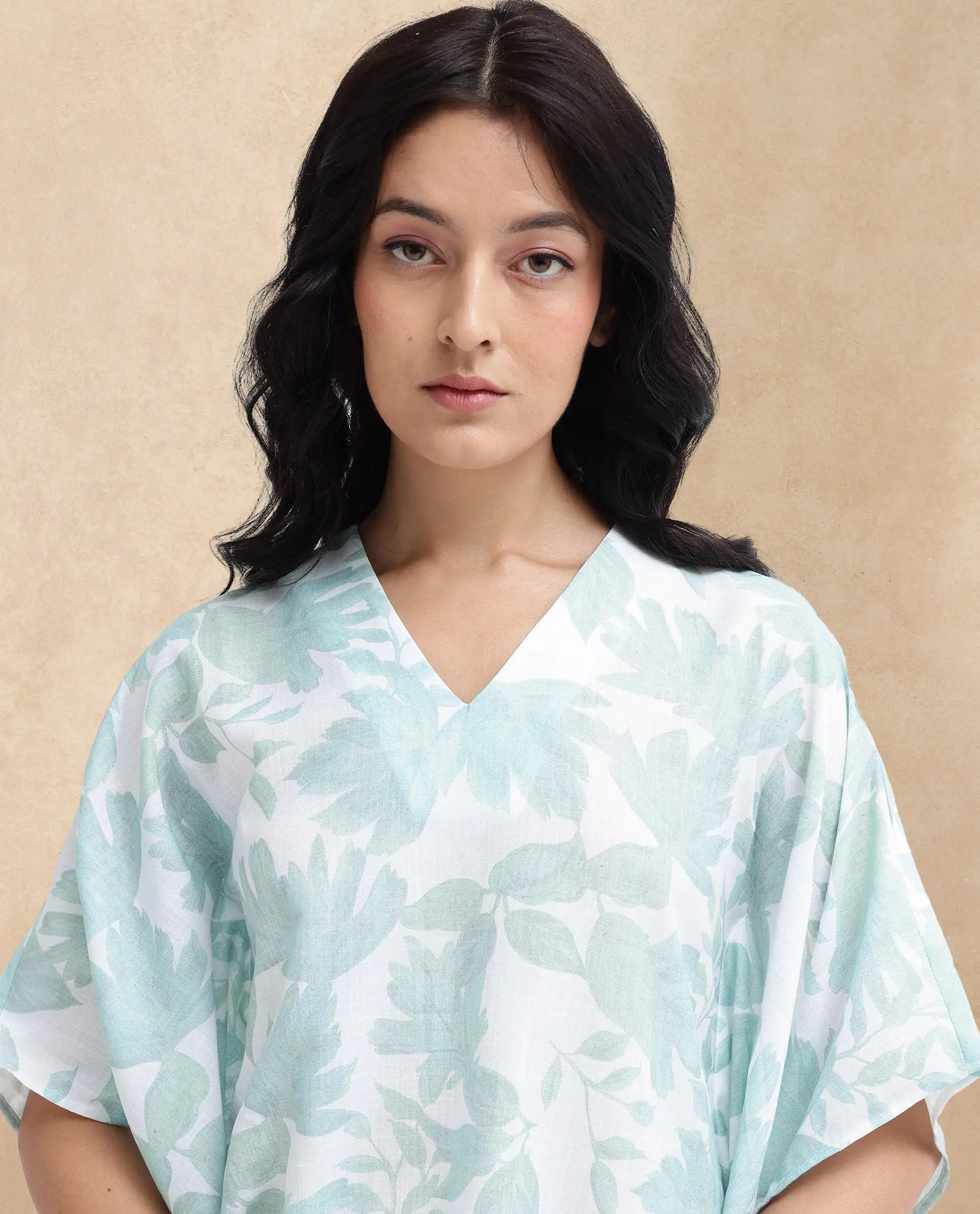 Rareism Women Ibac Light Green Linen Fabric Short Sleeve V-Neck Leaf Print Regular Fit Top