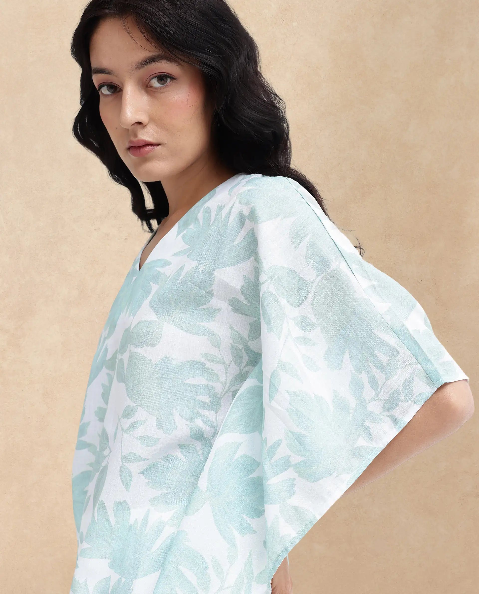 Rareism Women Ibac Light Green Linen Fabric Short Sleeve V-Neck Leaf Print Regular Fit Top