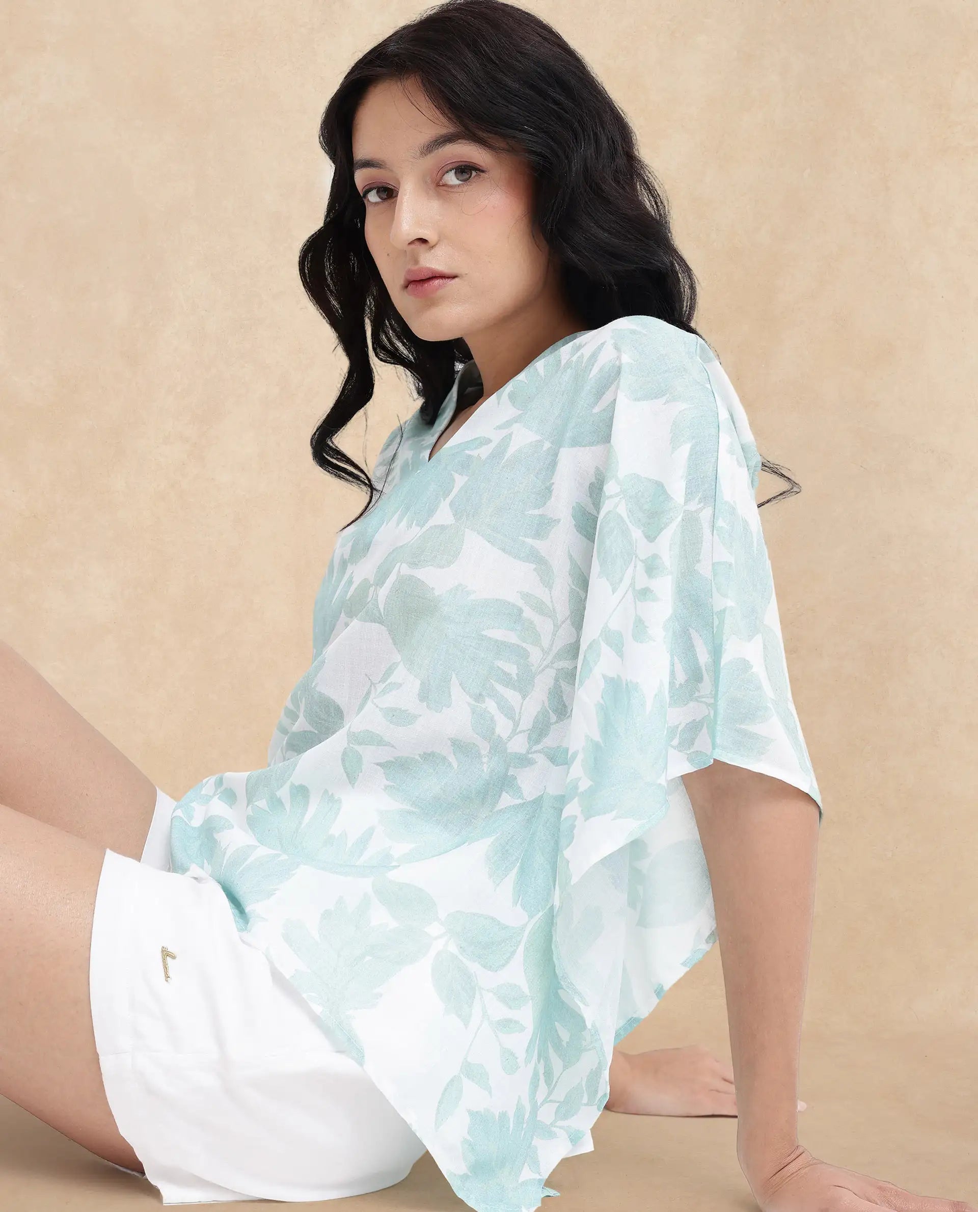 Rareism Women Ibac Light Green Linen Fabric Short Sleeve V-Neck Leaf Print Regular Fit Top