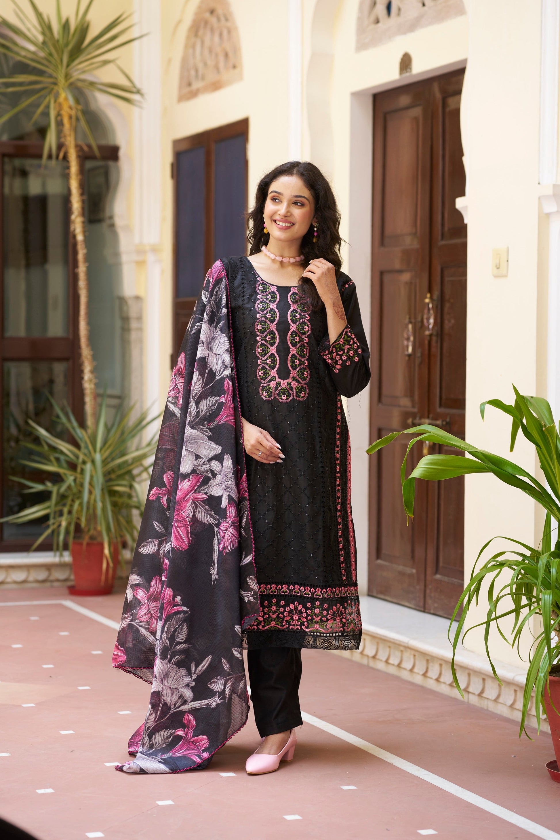 Black Embroidered Cotton Suit Set with Digital Printed Dupatta