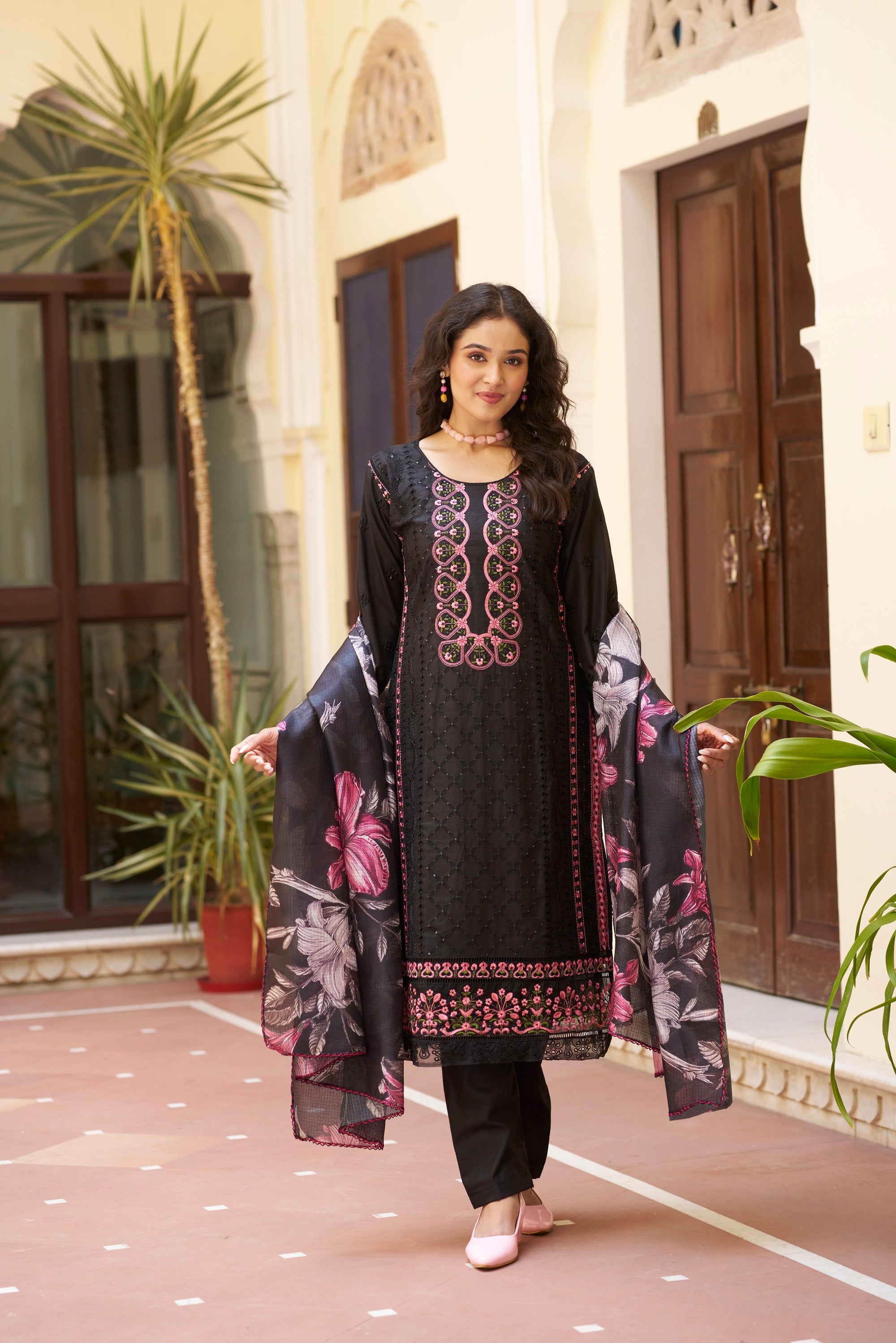 Black Embroidered Cotton Suit Set with Digital Printed Dupatta