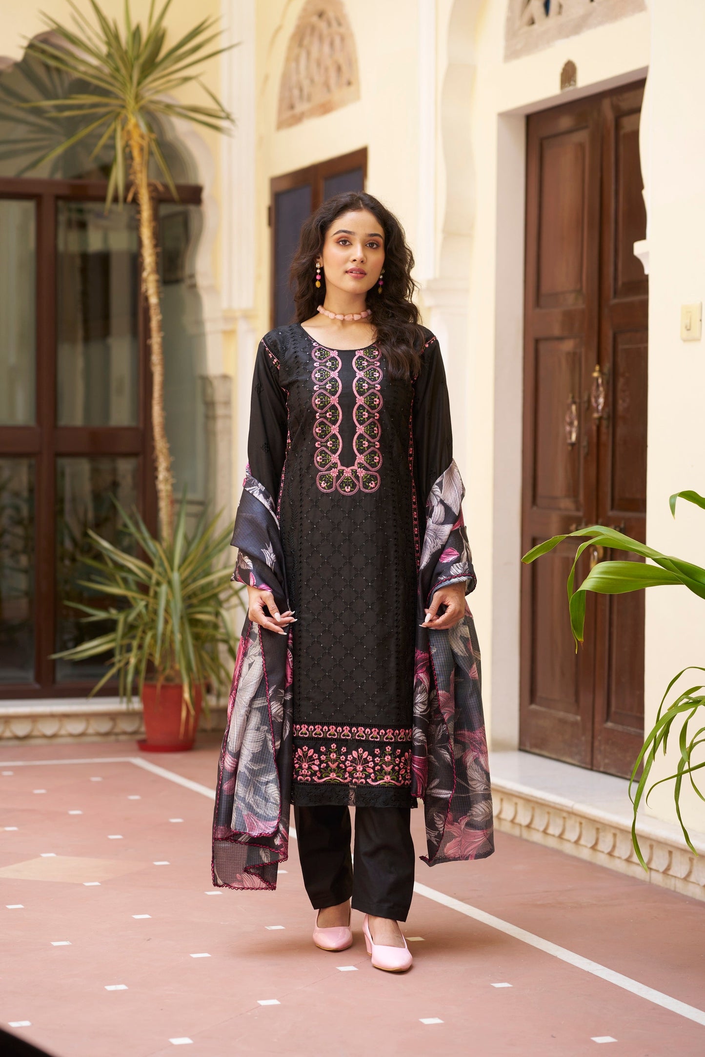 Black Embroidered Cotton Suit Set with Digital Printed Dupatta
