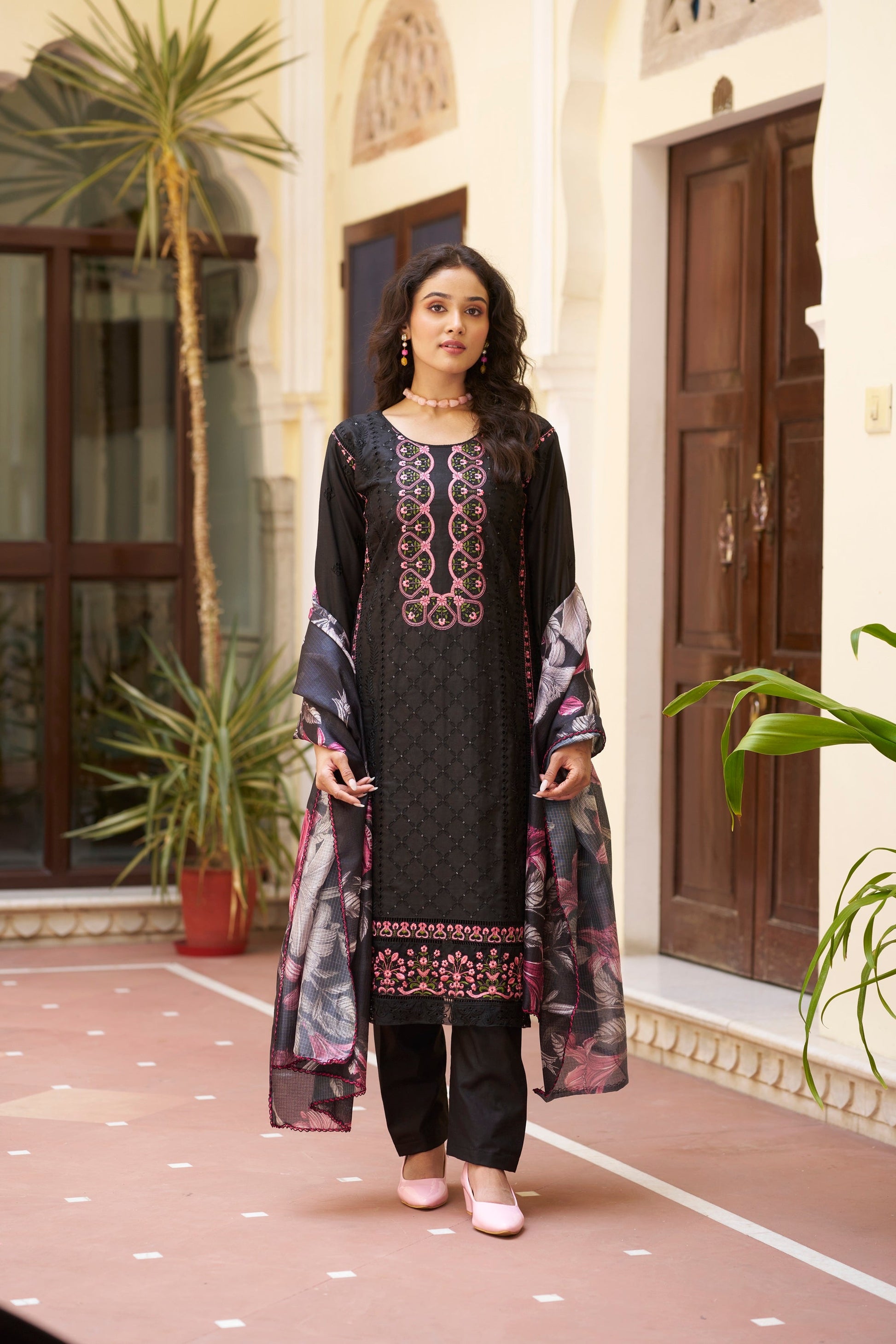 Black Embroidered Cotton Suit Set with Digital Printed Dupatta