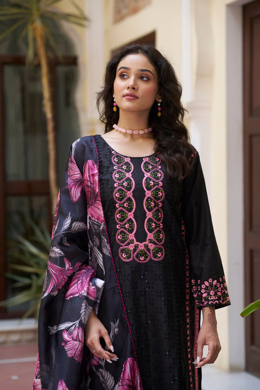 Black Embroidered Cotton Suit Set with Digital Printed Dupatta