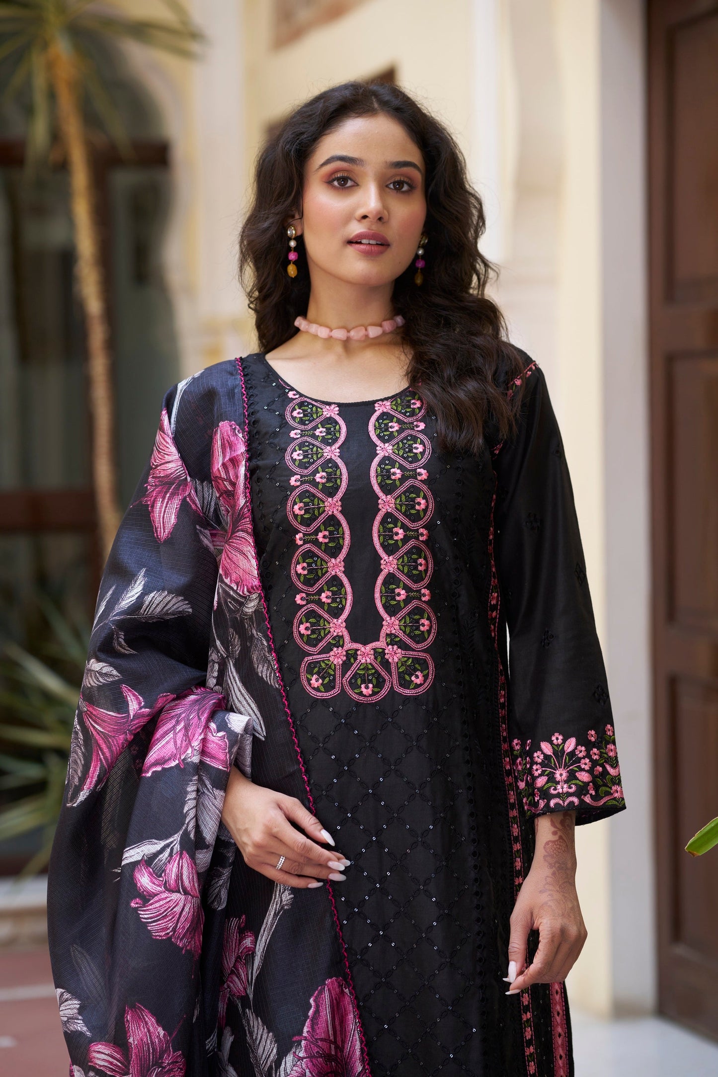 Black Embroidered Cotton Suit Set with Digital Printed Dupatta