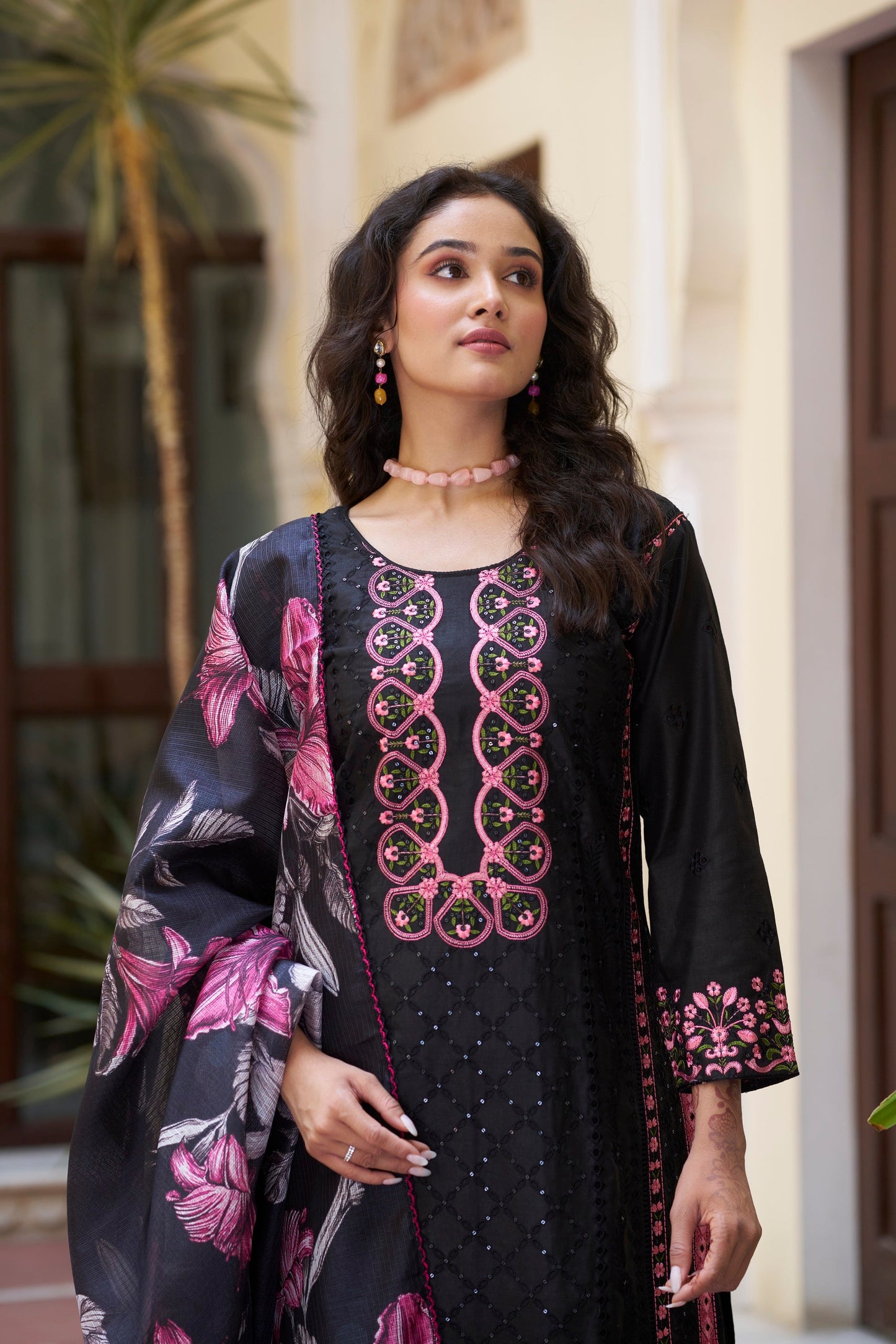 Black Embroidered Cotton Suit Set with Digital Printed Dupatta