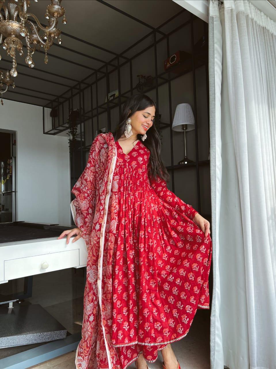 Red Flower Printed Cotton Suit Set