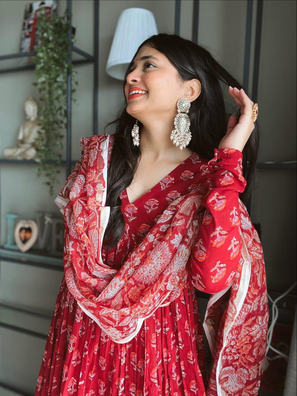 Red Flower Printed Cotton Suit Set