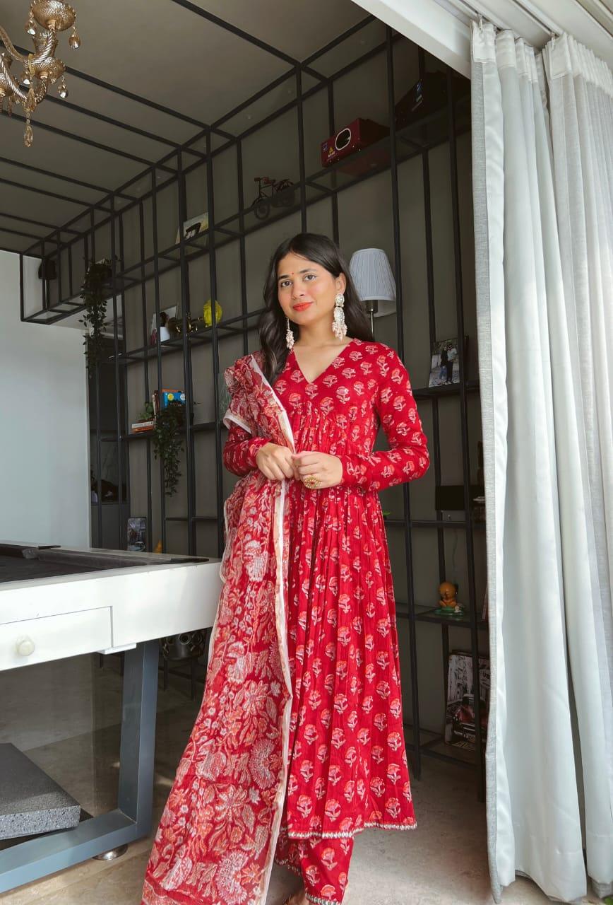 Red Flower Printed Cotton Suit Set