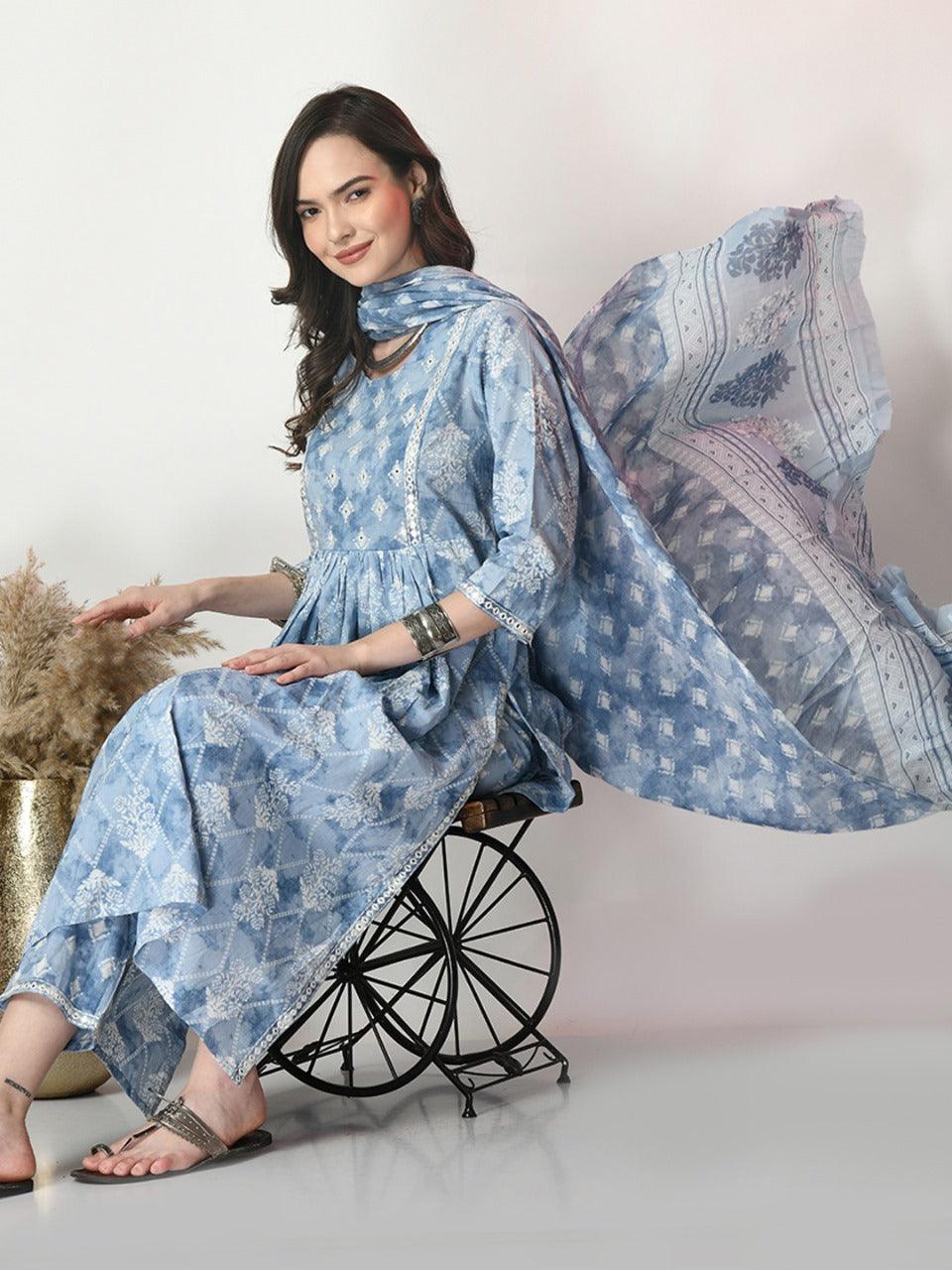 Grey Blue Printed Cotton Suit Set