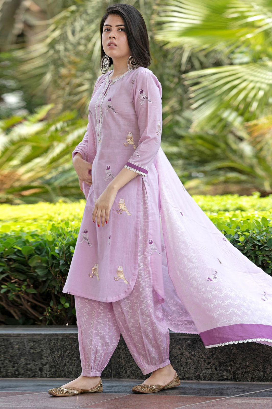 Bird Printed Cotton Kurta and Pant Set with Dupatta