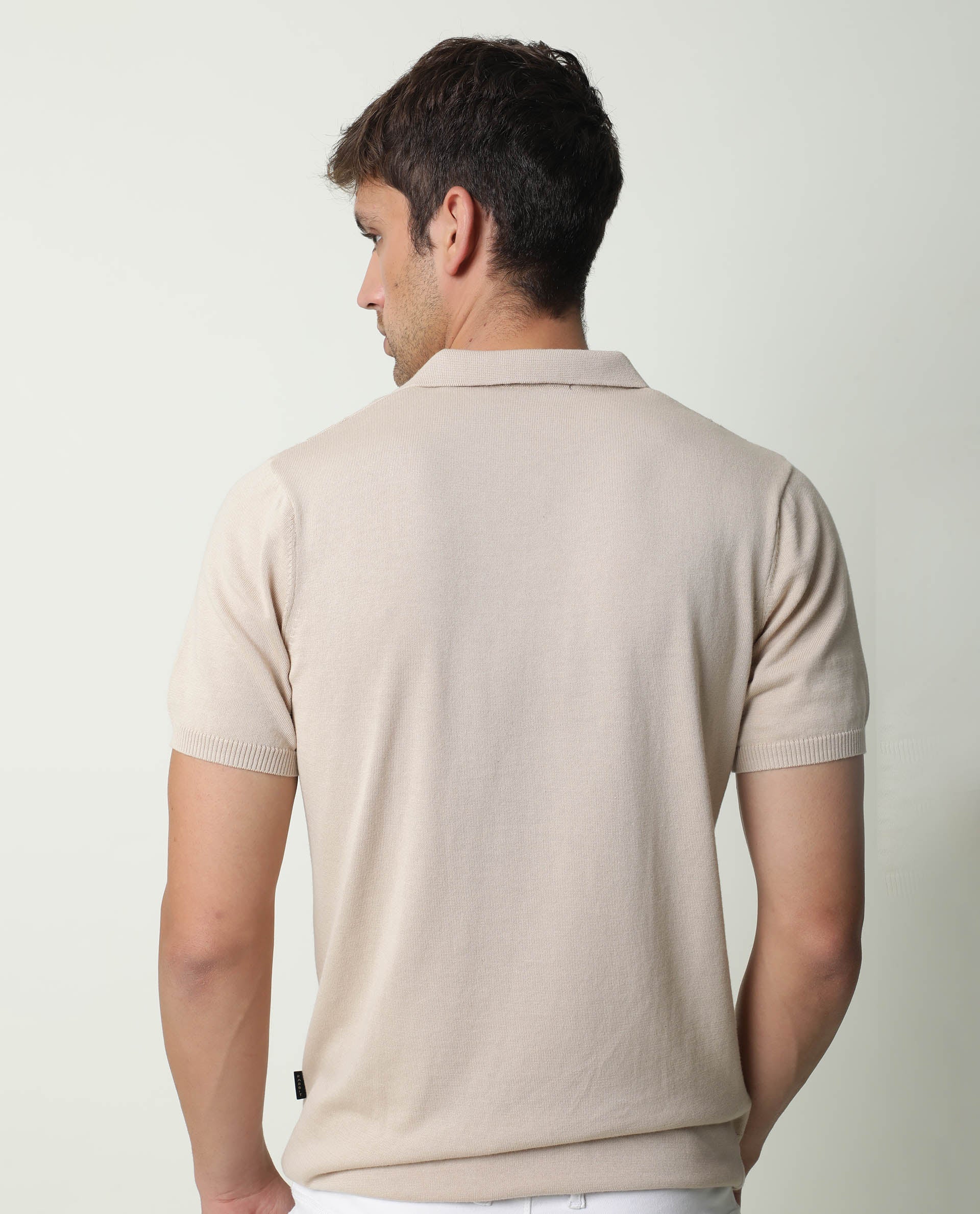 RARE RABBIT MEN'S LINK BEIGE POLO COTTON FABRIC COLLARED NECK HALF SLEEVES BUTTON CLOSURE SLIM FIT