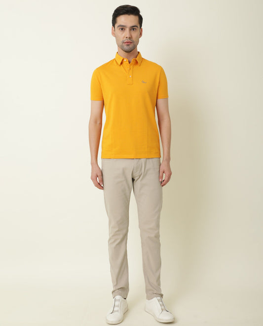 Rare Rabbit Men's Sailor Yellow Solid Cotton Fabric Collared Neck Half-Sleeve Polo T-Shirt