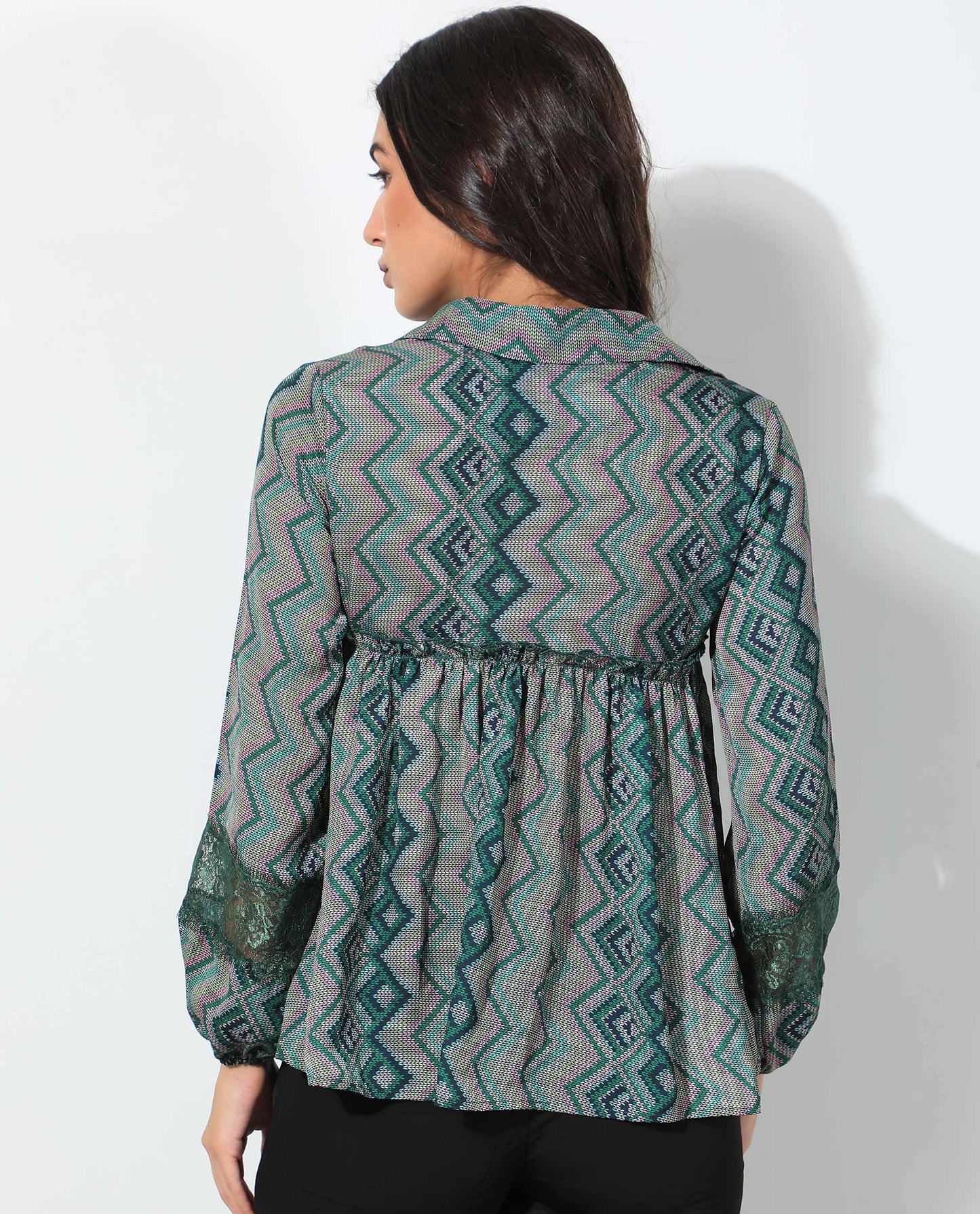 Rareism Women Cataline Dark Olive Polyester Fabric Full Sleeves Tie-Up Closure Tie-Up Neck Regular Fit Geometric Print Top