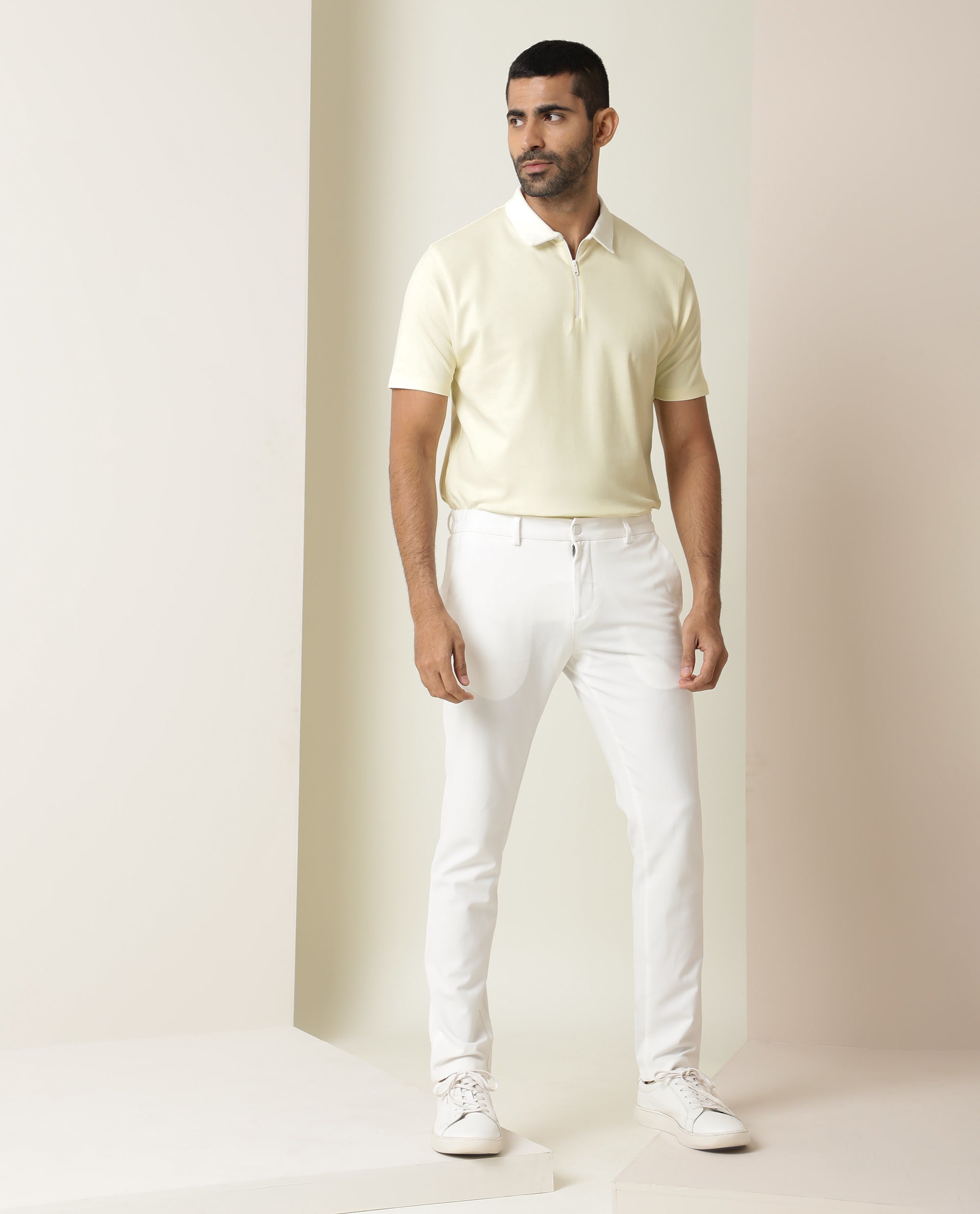 Rare Rabbit Men's Cloud Light Yellow Cotton Fabric Collared Neck Zipper Closure Half Sleeves Polo T-Shirt