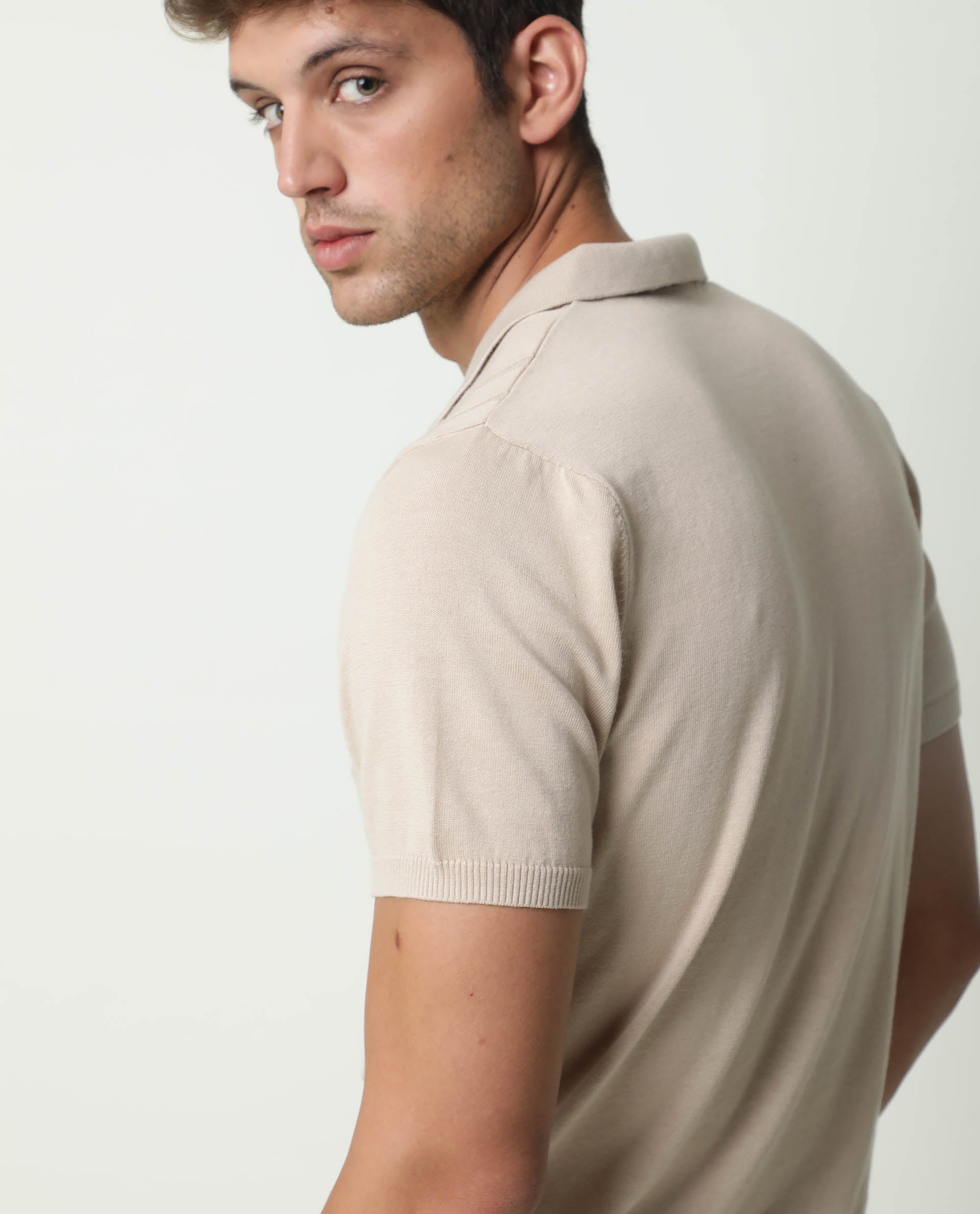 RARE RABBIT MEN'S LINK BEIGE POLO COTTON FABRIC COLLARED NECK HALF SLEEVES BUTTON CLOSURE SLIM FIT