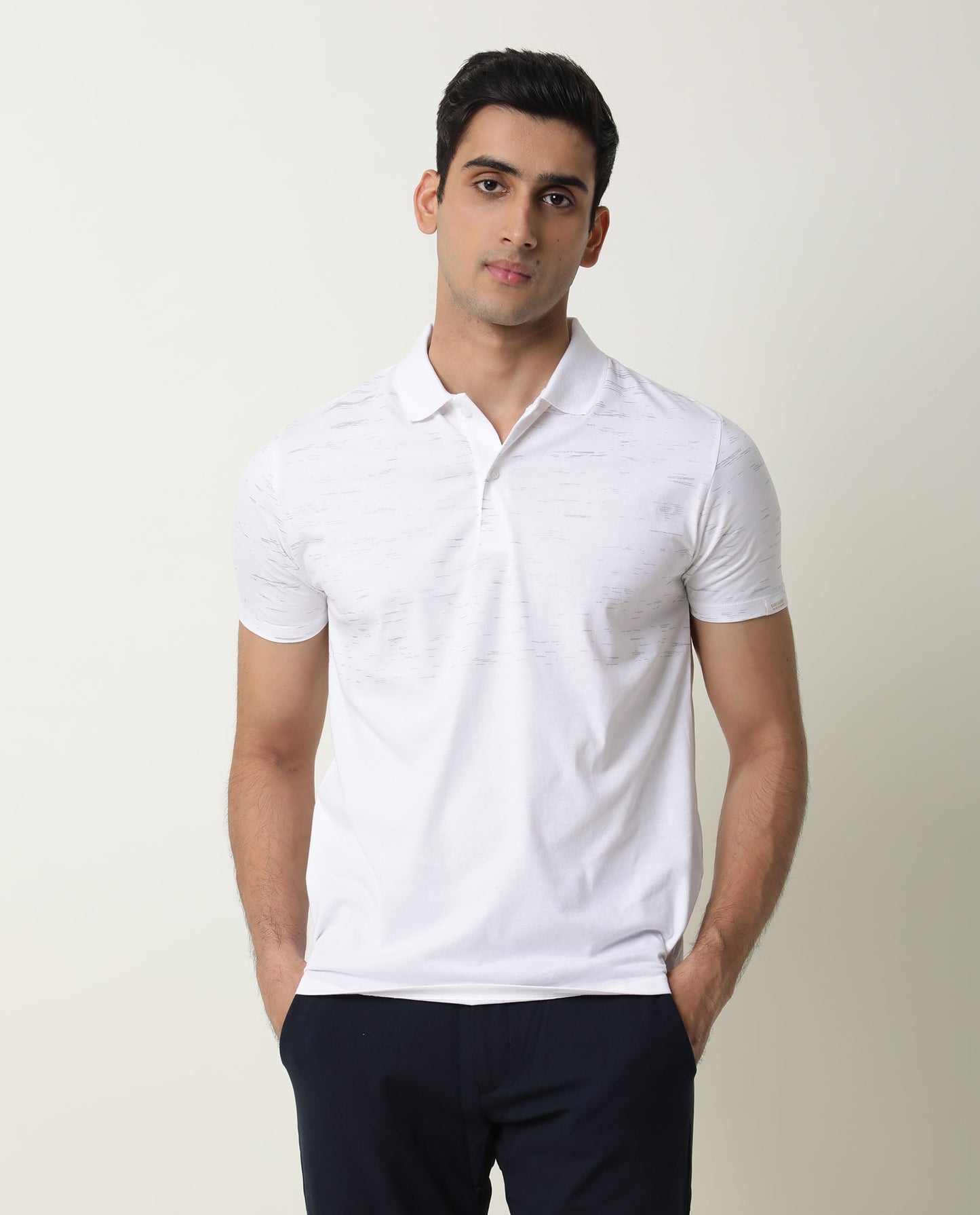 Rare Rabbit Stroke Primary White Cotton Fabric Half Sleeves Polo T-Shirt