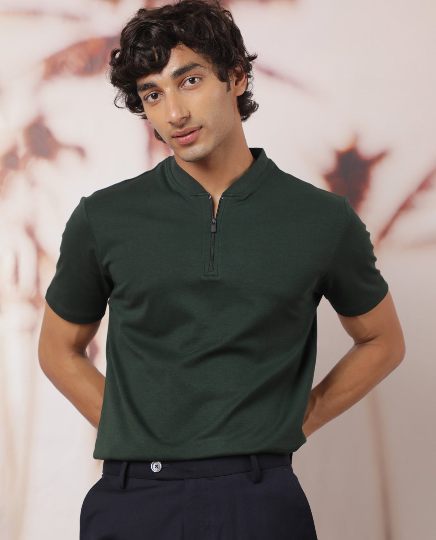 Rare Rabbit Men's Temp Dark Green Cotton Fabric Baseball Stand Collared Neck Zipper Closure Half Sleeves Polo T-Shirt