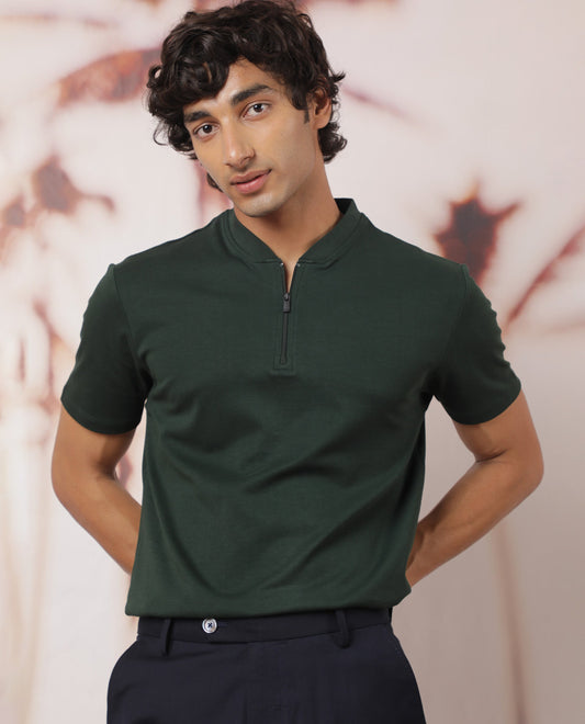 Rare Rabbit Men's Temp Dark Green Cotton Fabric Baseball Stand Collared Neck Zipper Closure Half Sleeves Polo T-Shirt
