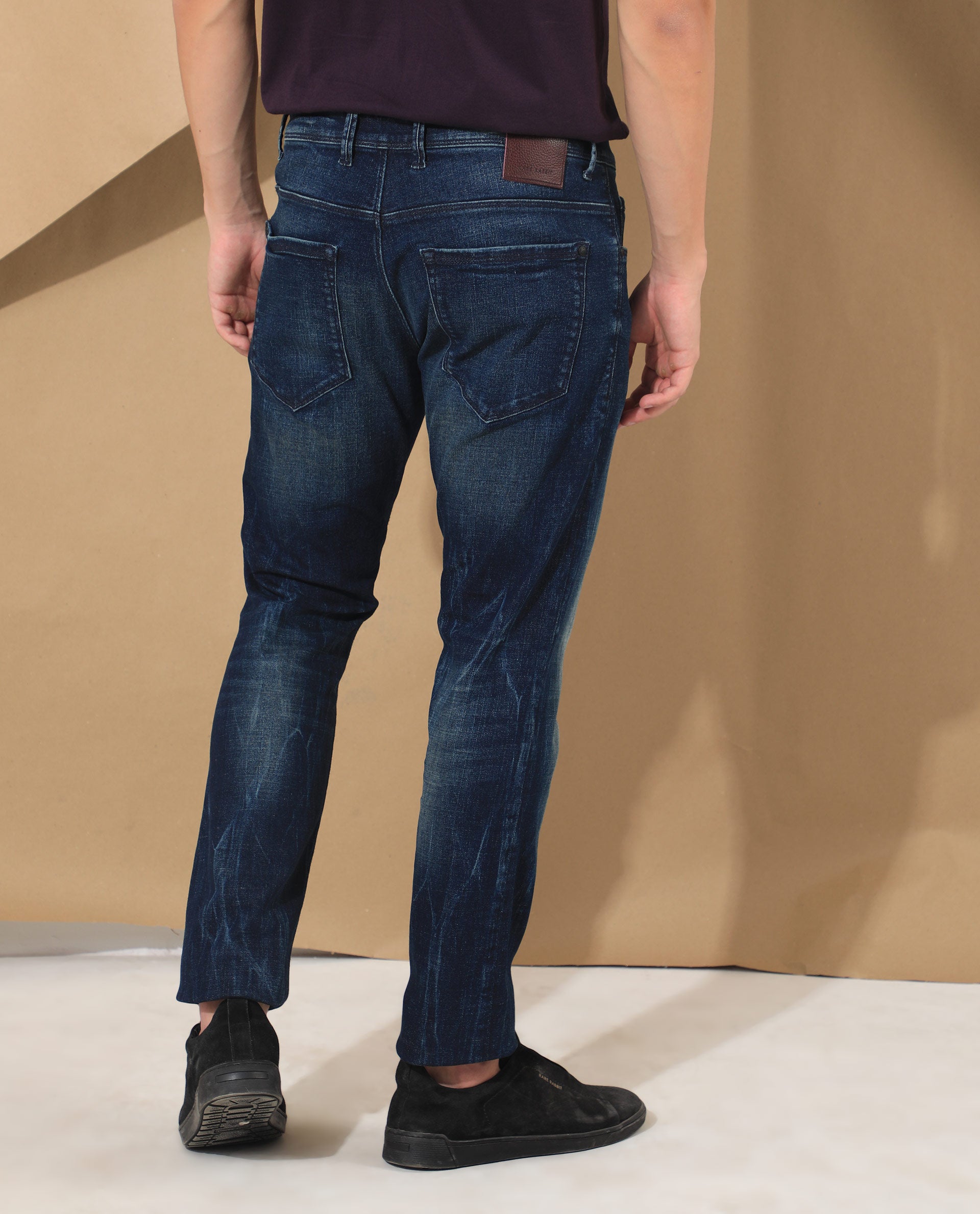 Rare Rabbit Men's Deigo Dark Blue Mid Wash Mid-Rise Mild Distressed Slim Fit Jeans