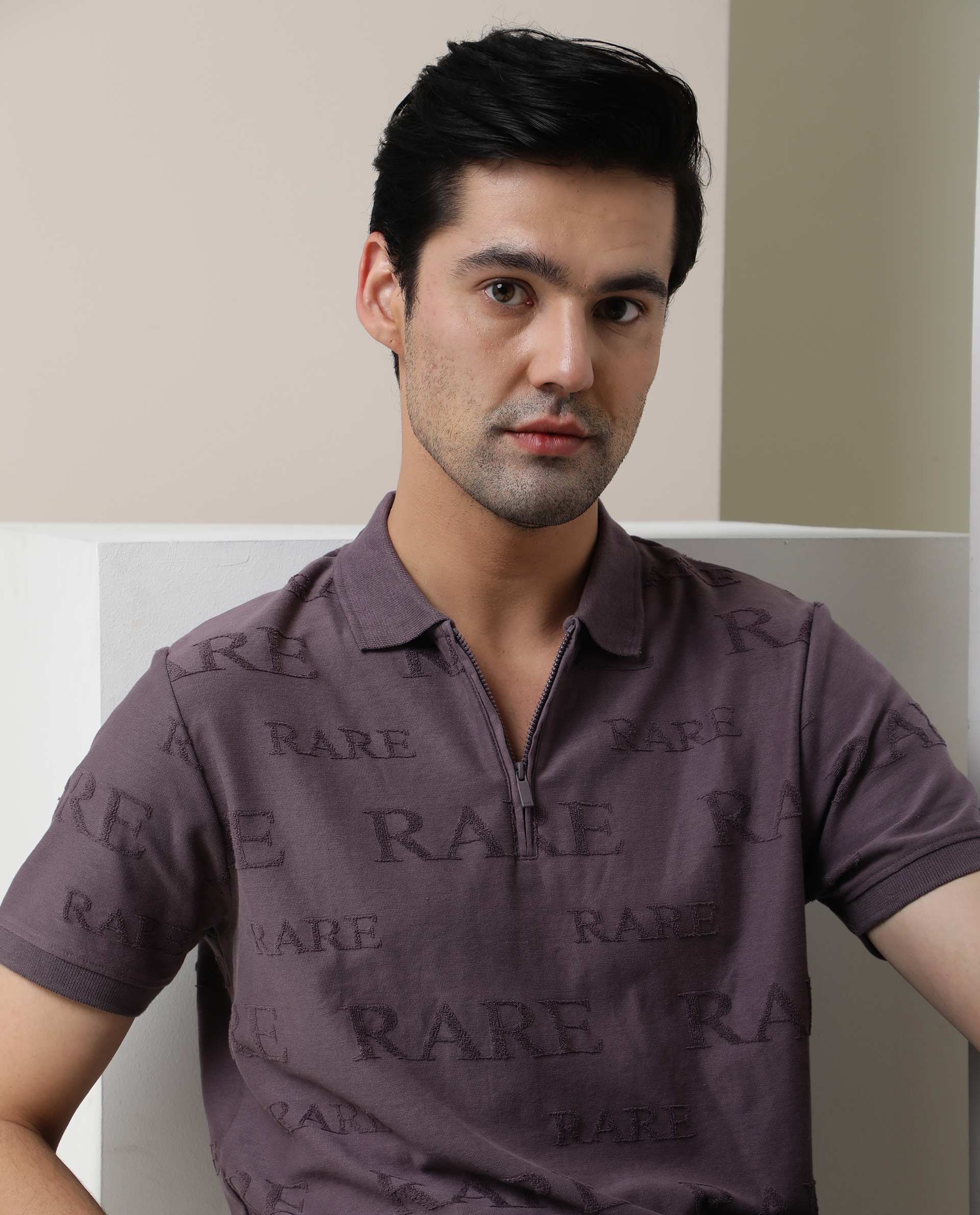 Rare Rabbit Men's Gesset Purple Cotton Fabric Collared Neck Half Sleeves Statement Polo T-Shirt