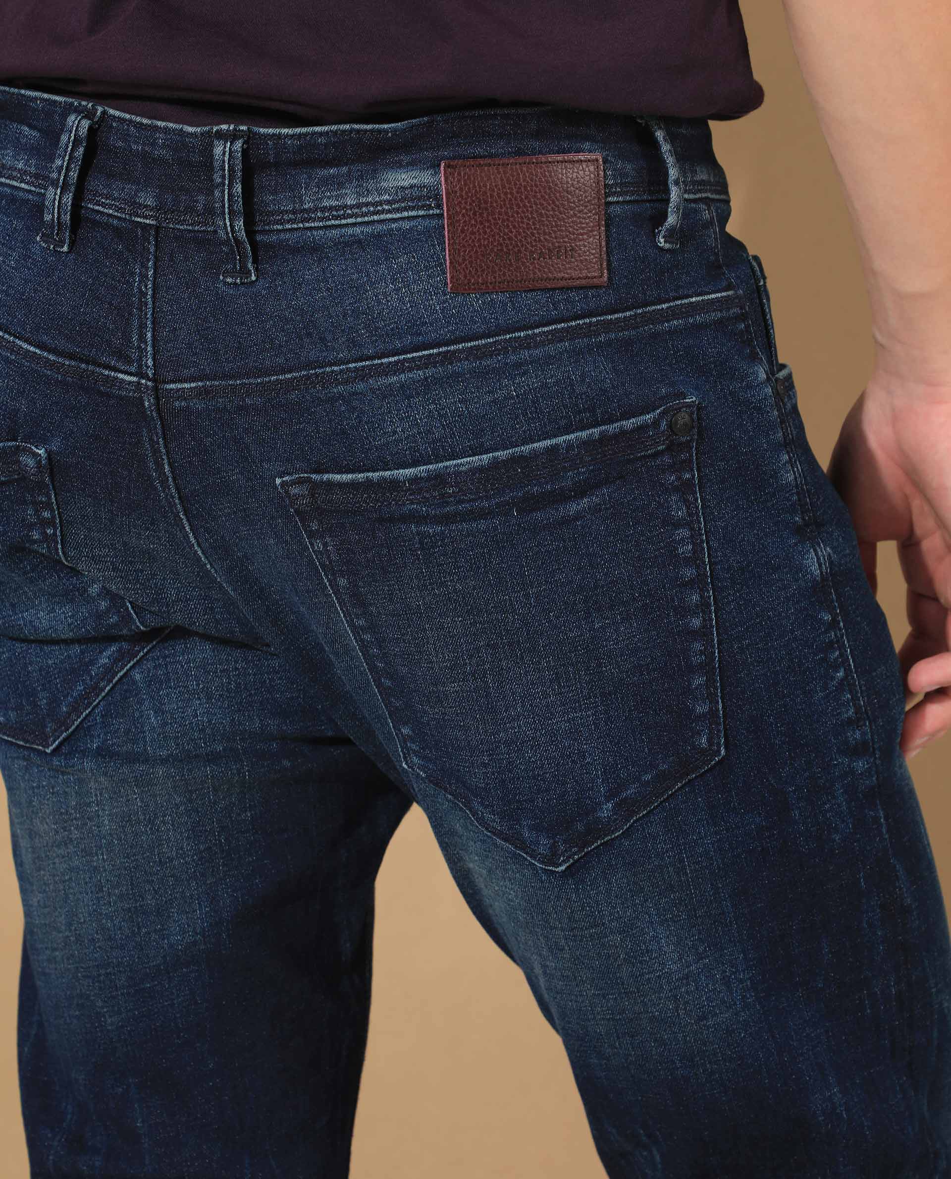 Rare Rabbit Men's Deigo Dark Blue Mid Wash Mid-Rise Mild Distressed Slim Fit Jeans