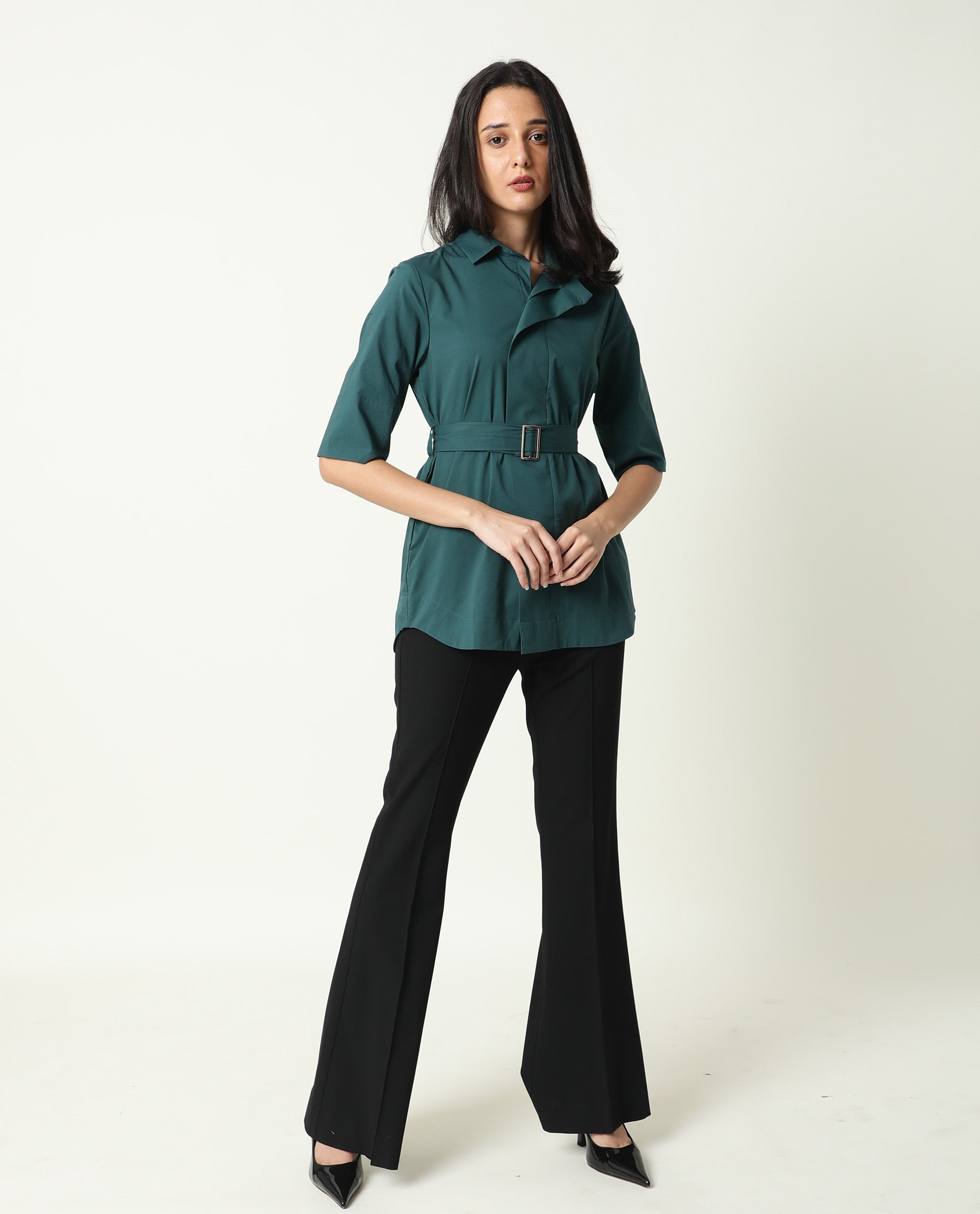 Rareism Women Cisco Dusky Green Cotton Lycra Fabric Short Sleeves Shirt Collar Regular Fit Plain Knee Length Top