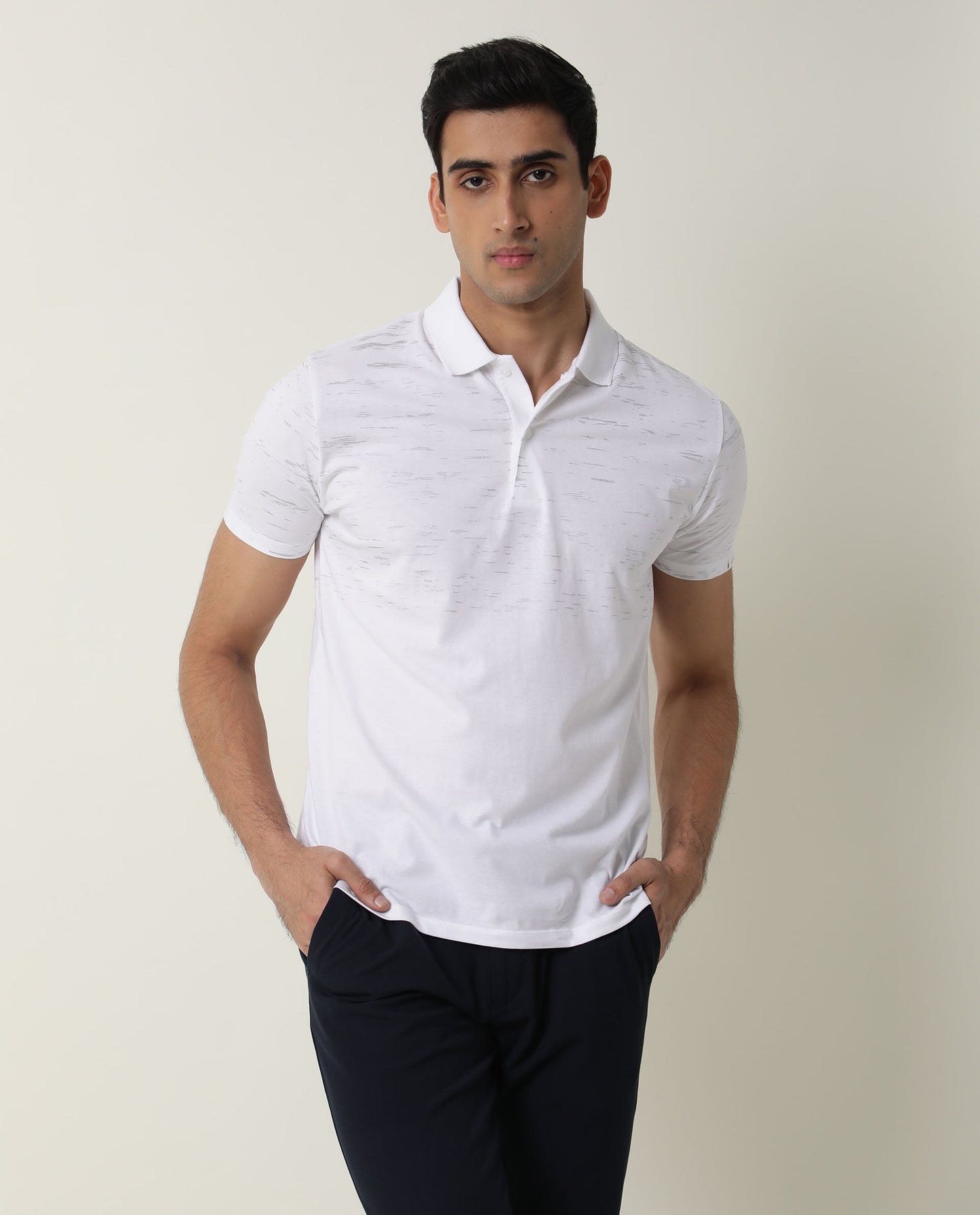 Rare Rabbit Stroke Primary White Cotton Fabric Half Sleeves Polo T-Shirt
