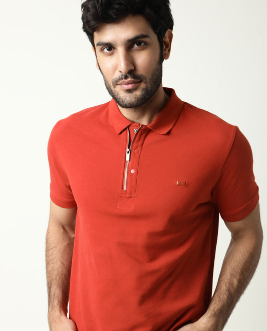 Rare Rabbit Men'S Salis Rust Polo Cotton Fabric Collared Neck Half Sleeves Button Closure Slim Fit