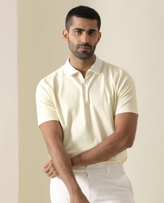 Rare Rabbit Men's Cloud Light Yellow Cotton Fabric Collared Neck Zipper Closure Half Sleeves Polo T-Shirt
