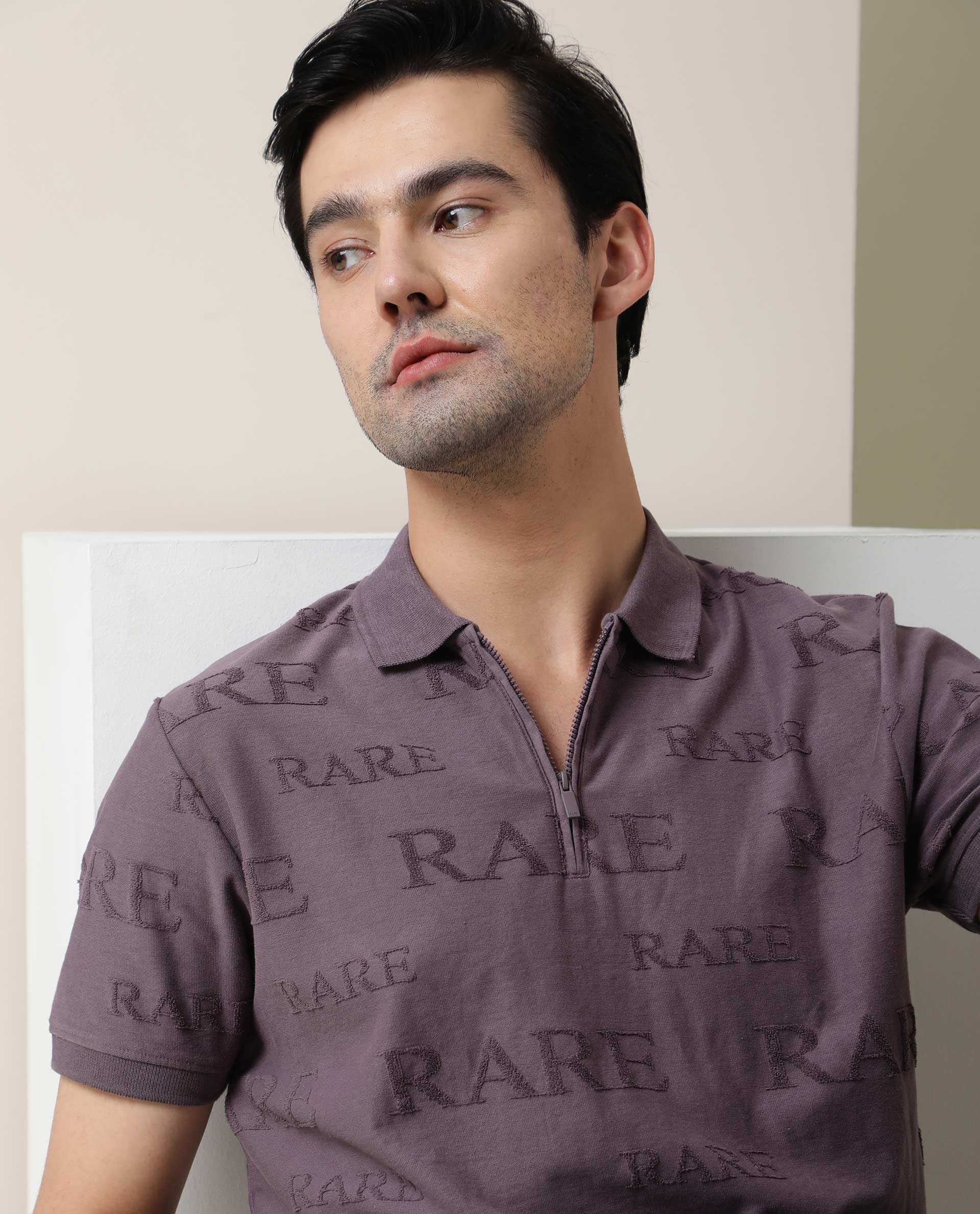 Rare Rabbit Men's Gesset Purple Cotton Fabric Collared Neck Half Sleeves Statement Polo T-Shirt