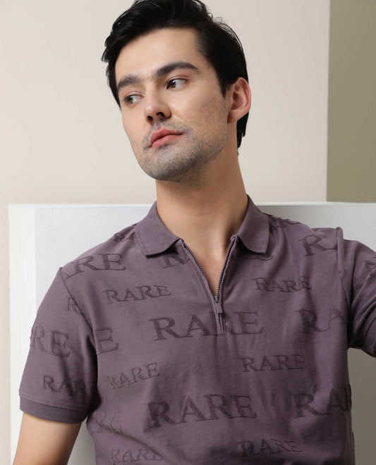 Rare Rabbit Men's Gesset Purple Cotton Fabric Collared Neck Half Sleeves Statement Polo T-Shirt