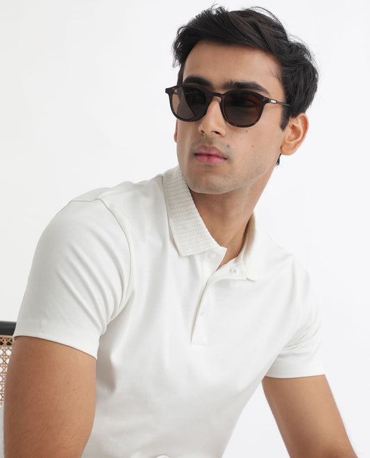 Rare Rabbit Men's Braidey White Cotton Fabric Textured Collared Neck Half Sleeves Polo T-Shirt