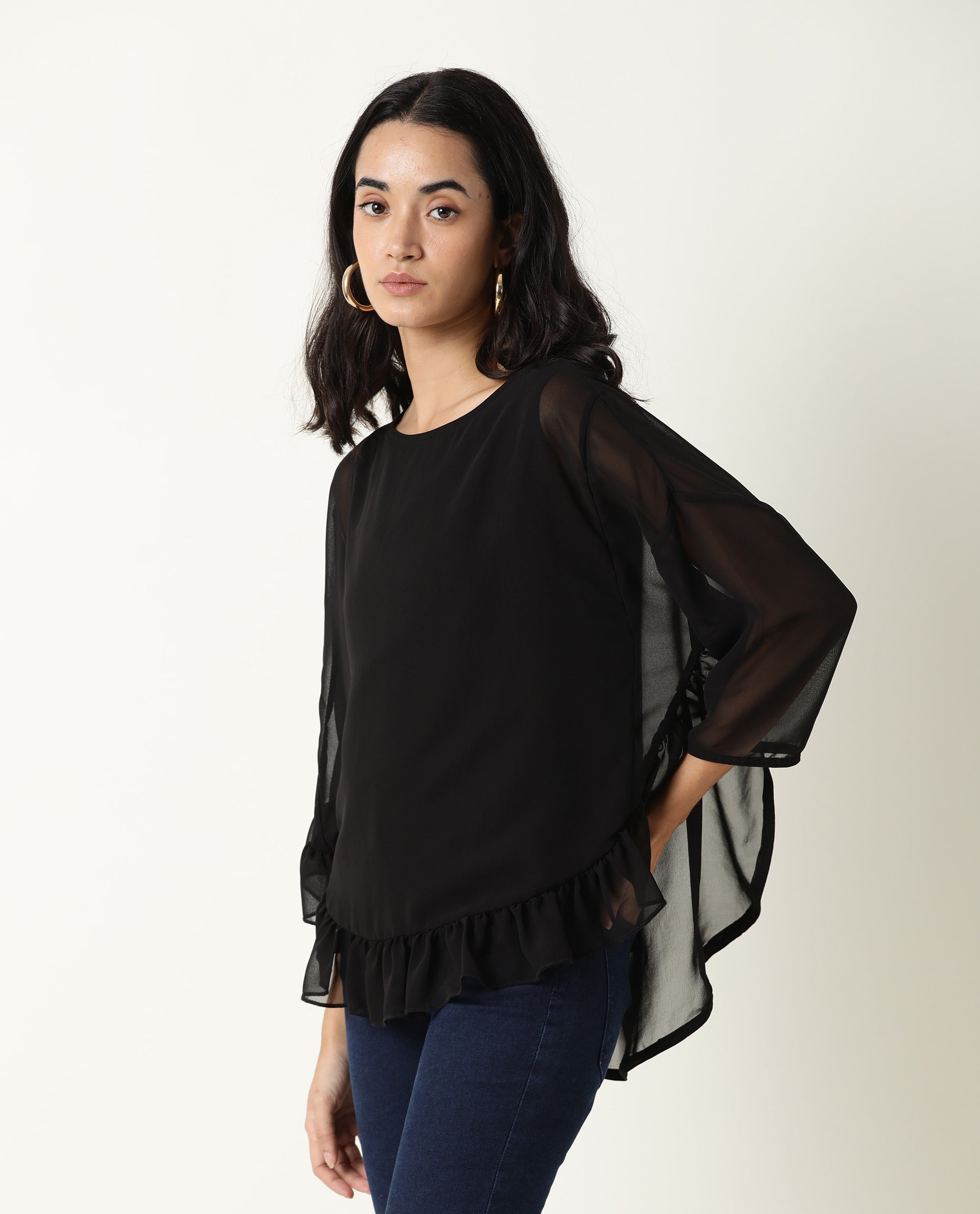 Rareism Women Hold Black Polyester Fabric Relaxed Fit Round Neck Full Sleeves Solid Top