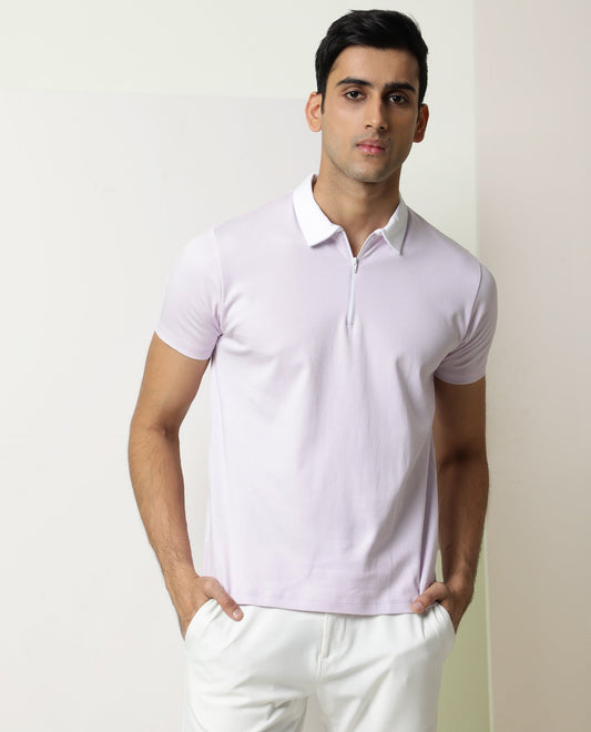 Rare Rabbit Men's Cloud Pastel Purple Cotton Fabric Collared Neck Zipper Closure Half Sleeves Polo T-Shirt