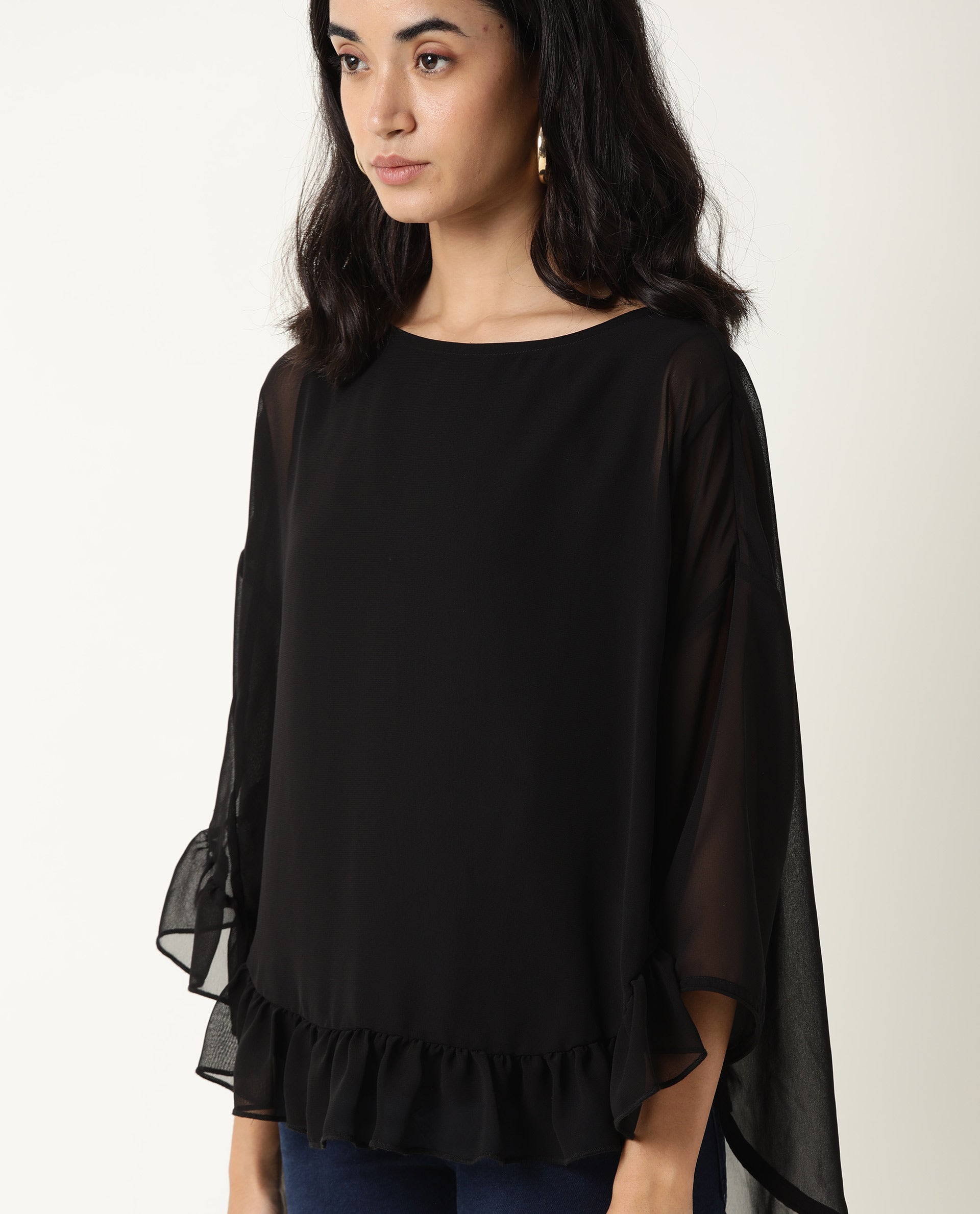 Rareism Women Hold Black Polyester Fabric Relaxed Fit Round Neck Full Sleeves Solid Top