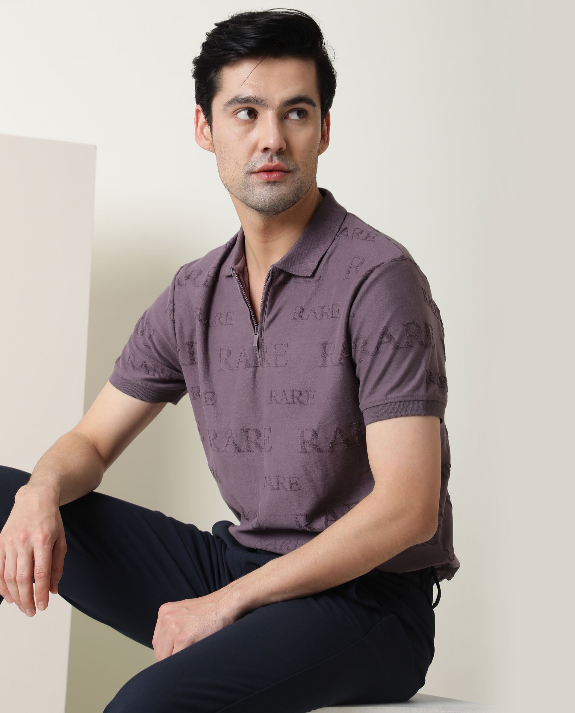 Rare Rabbit Men's Gesset Purple Cotton Fabric Collared Neck Half Sleeves Statement Polo T-Shirt