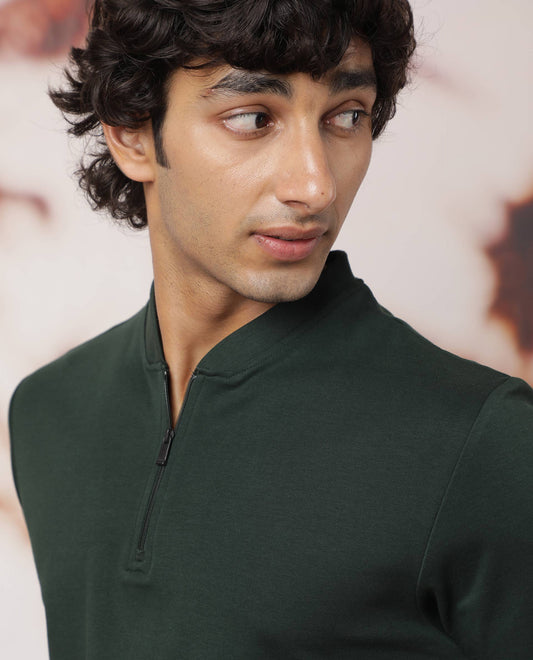 Rare Rabbit Men's Temp Dark Green Cotton Fabric Baseball Stand Collared Neck Zipper Closure Half Sleeves Polo T-Shirt