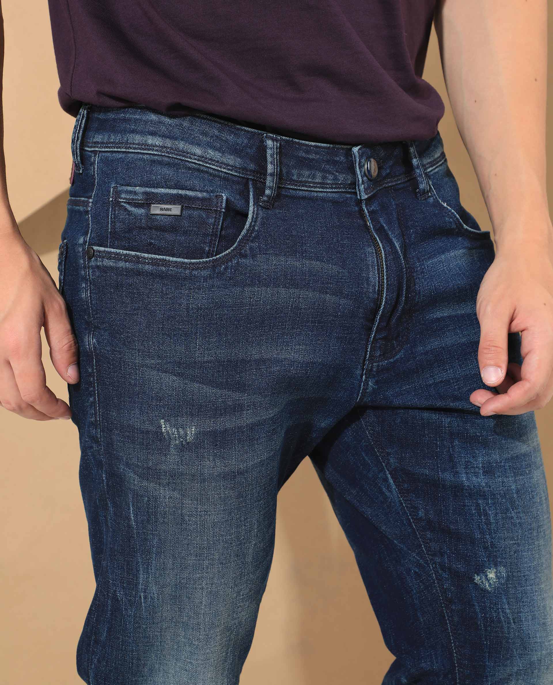 Rare Rabbit Men's Deigo Dark Blue Mid Wash Mid-Rise Mild Distressed Slim Fit Jeans