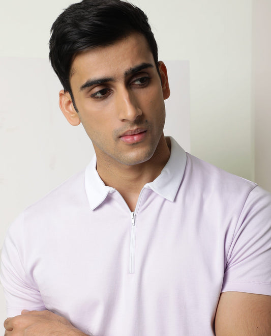 Rare Rabbit Men's Cloud Pastel Purple Cotton Fabric Collared Neck Zipper Closure Half Sleeves Polo T-Shirt