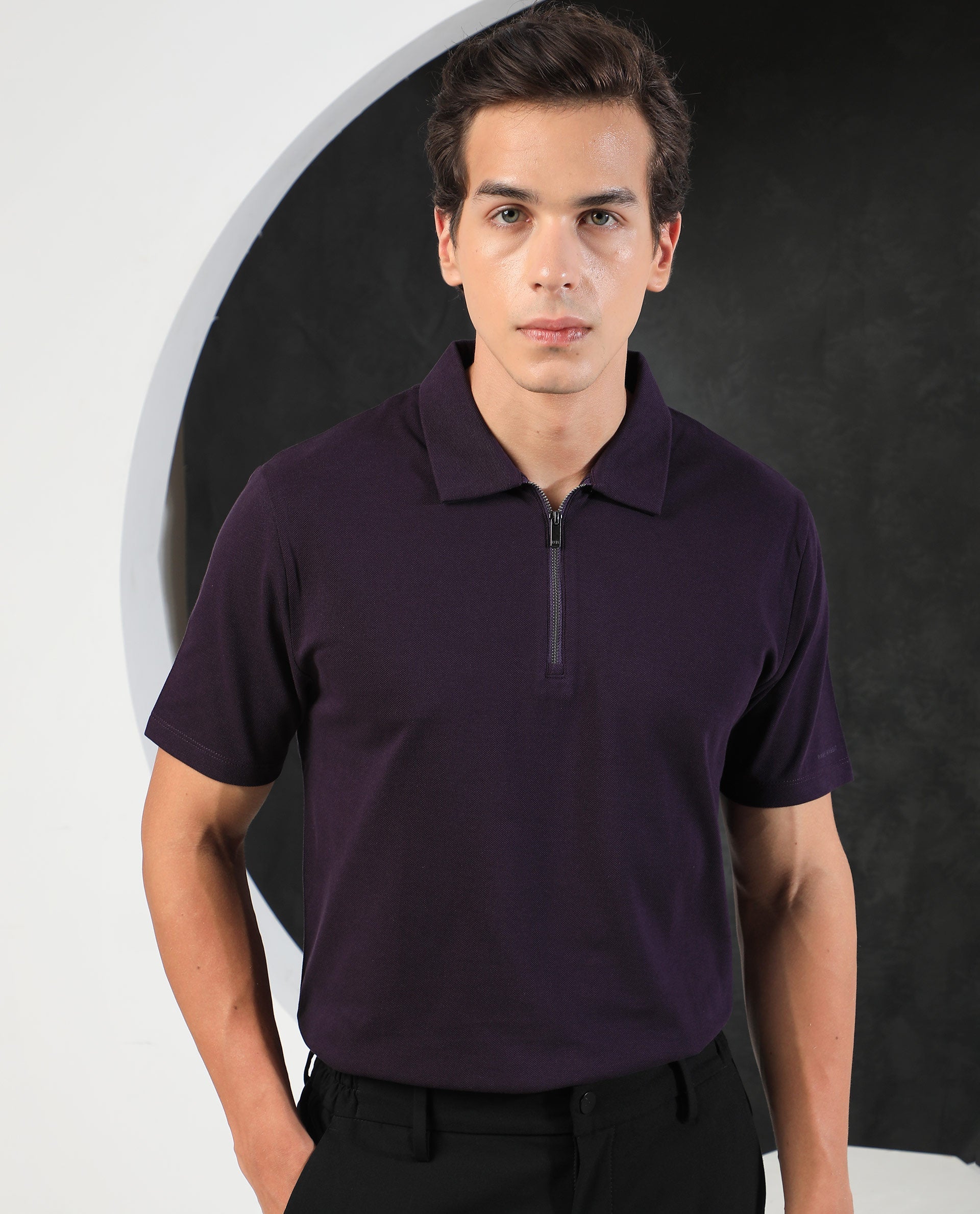 Rare Rabbit Men's Stel Maroon Cotton Fabric Collared Neck Zipper Closure Half Sleeves Flat Knit Polo T-Shirt