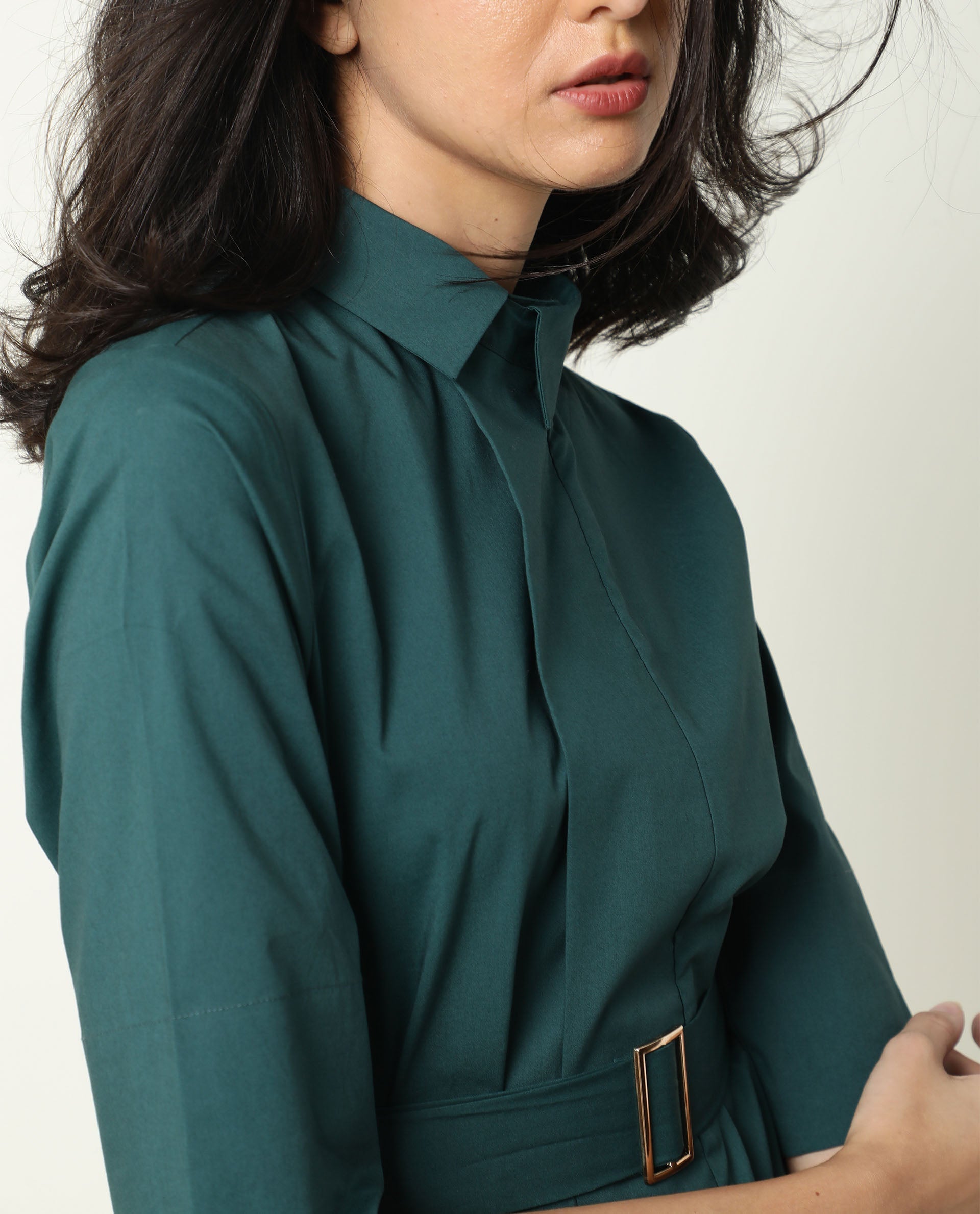 Rareism Women Cisco Dusky Green Cotton Lycra Fabric Short Sleeves Shirt Collar Regular Fit Plain Knee Length Top