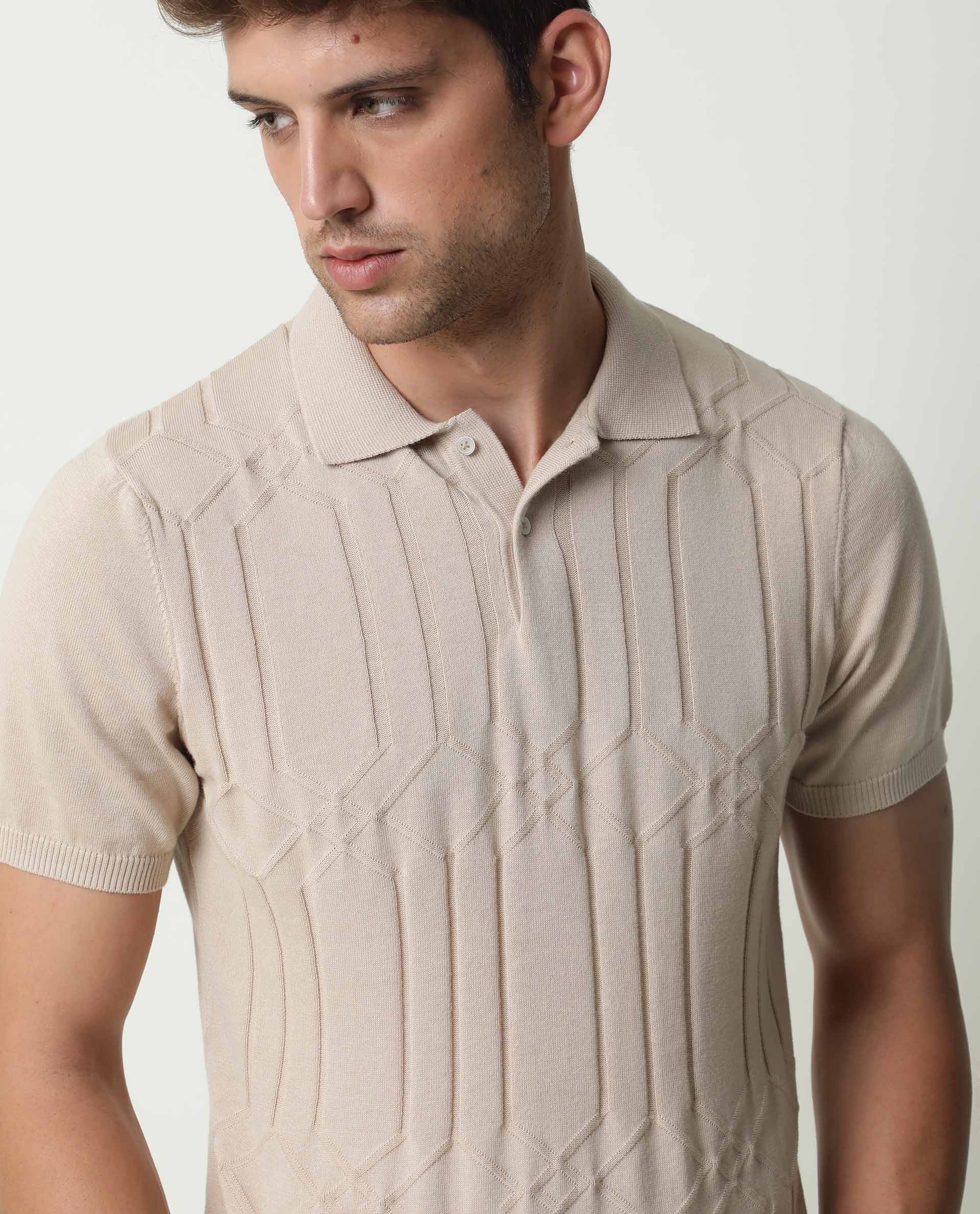 RARE RABBIT MEN'S LINK BEIGE POLO COTTON FABRIC COLLARED NECK HALF SLEEVES BUTTON CLOSURE SLIM FIT