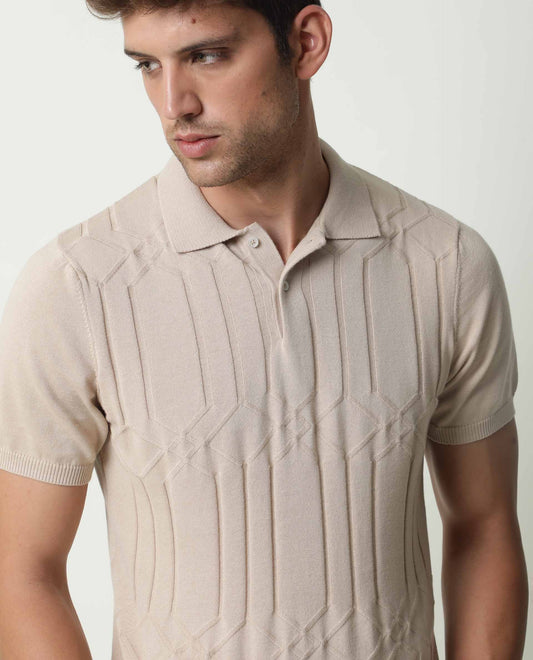 RARE RABBIT MEN'S LINK BEIGE POLO COTTON FABRIC COLLARED NECK HALF SLEEVES BUTTON CLOSURE SLIM FIT