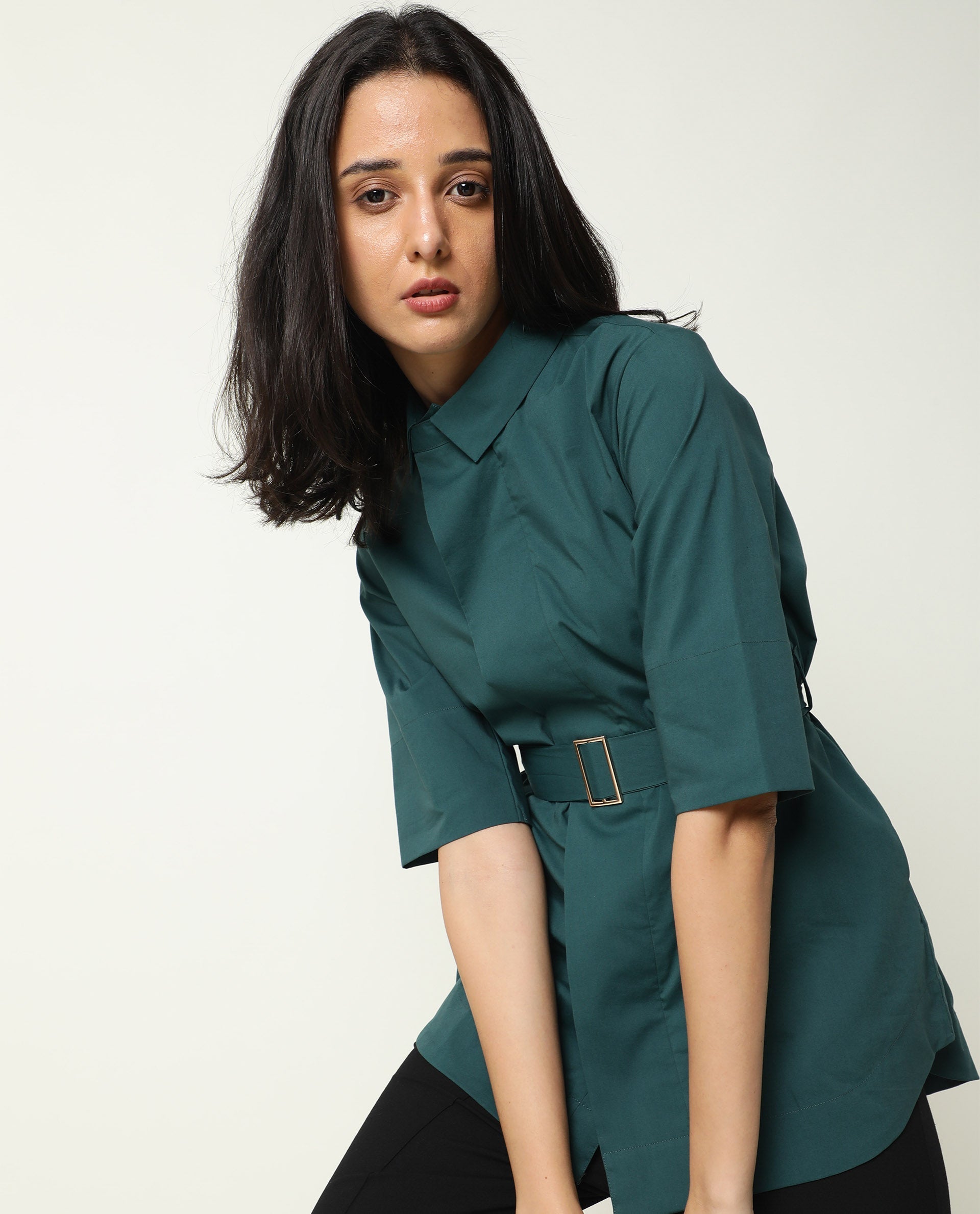Rareism Women Cisco Dusky Green Cotton Lycra Fabric Short Sleeves Shirt Collar Regular Fit Plain Knee Length Top