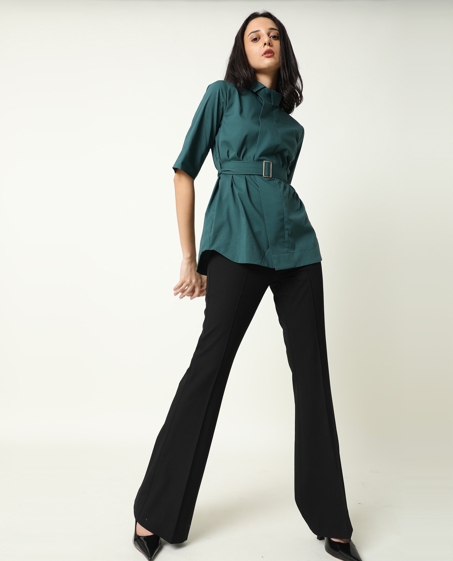 Rareism Women Cisco Dusky Green Cotton Lycra Fabric Short Sleeves Shirt Collar Regular Fit Plain Knee Length Top