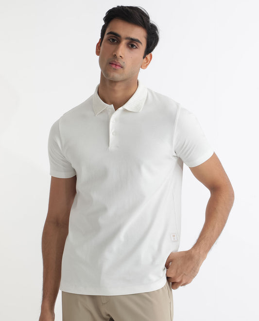 Rare Rabbit Men's Braidey White Cotton Fabric Textured Collared Neck Half Sleeves Polo T-Shirt